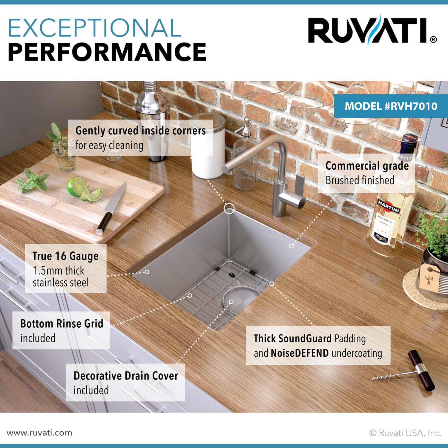 Alternate Image for Ruvati Gravena 10" Undermount Rectangle Stainless Steel Bar/Prep Sink, 16 Gauge, Round Corners, RVH7010