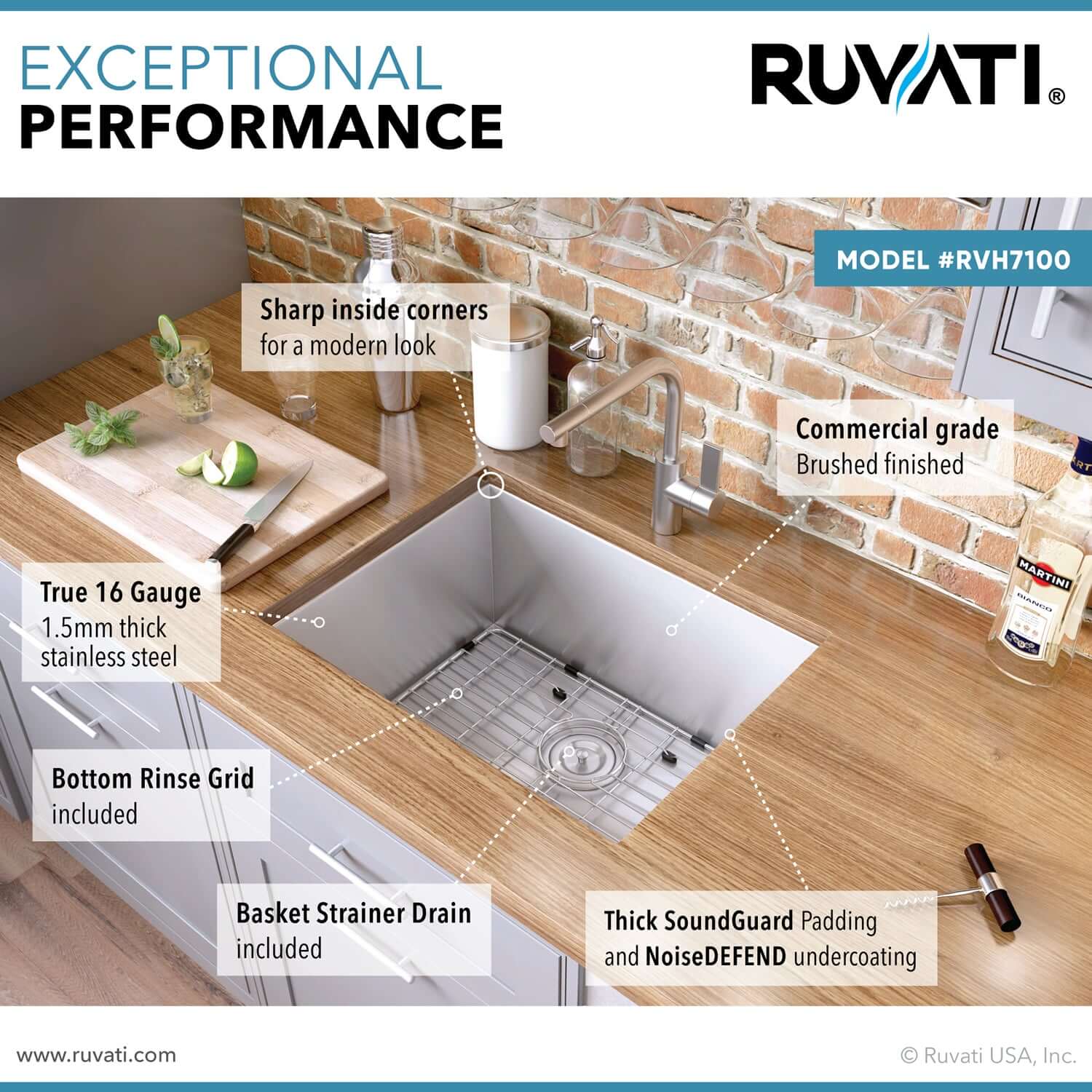 Alternate Image for Ruvati Nesta 23" Undermount Stainless Steel Kitchen Sink, 16 Gauge, Zero Radius, RVH7100