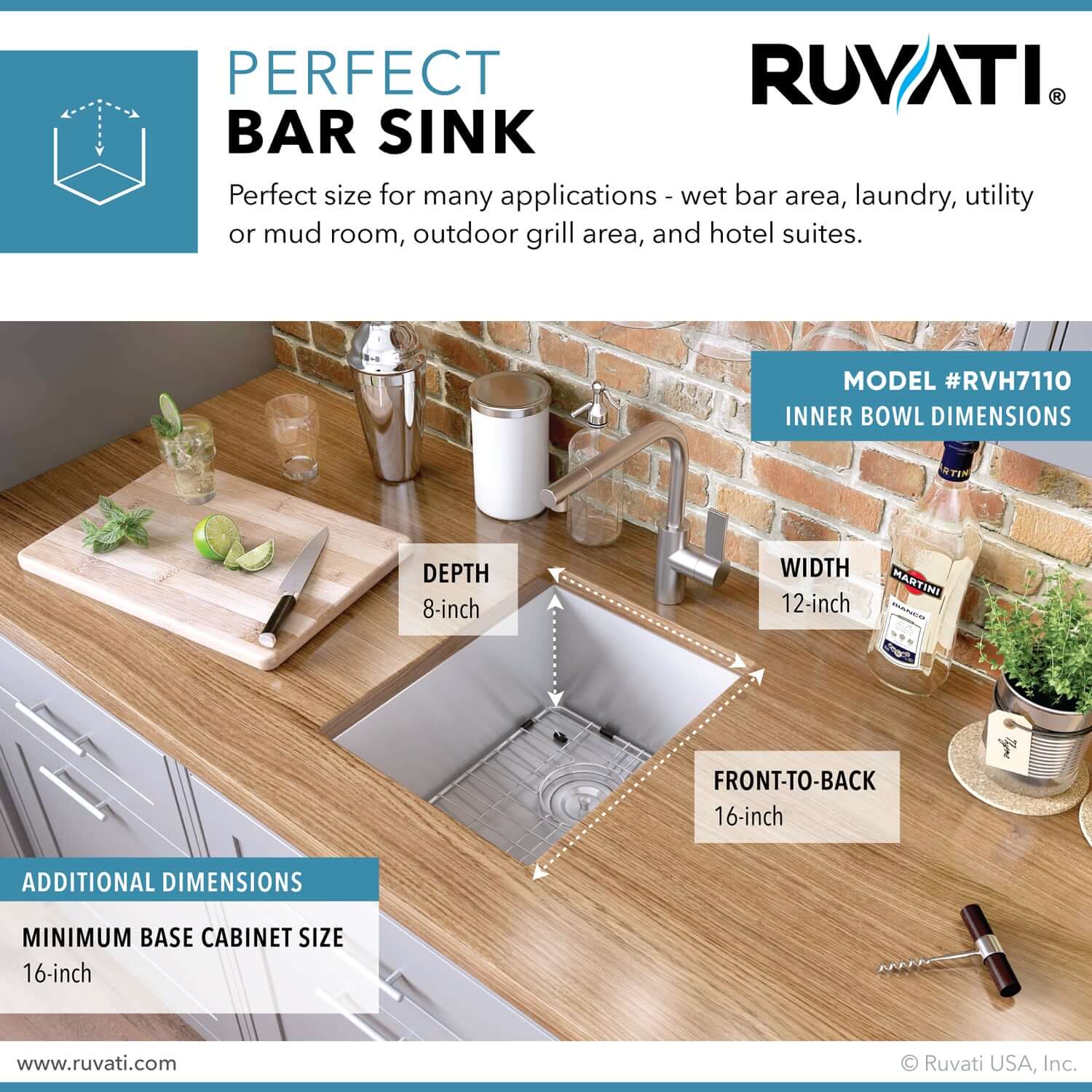 Alternate Image for Ruvati Nesta 14" Undermount Rectangle Stainless Steel Bar/Prep Sink, 16 Gauge, Zero Radius, RVH7110