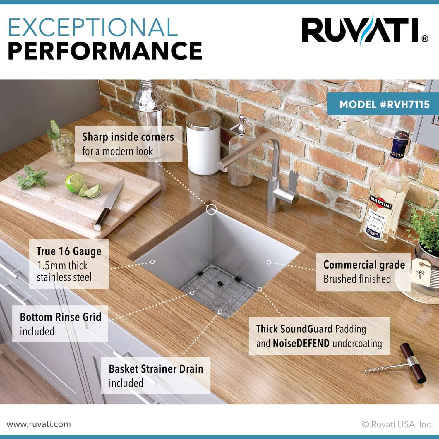 Alternate Image for Ruvati Nesta 15" Undermount Square Stainless Steel Bar/Prep Sink, 16 Gauge, Zero Radius, RVH7115