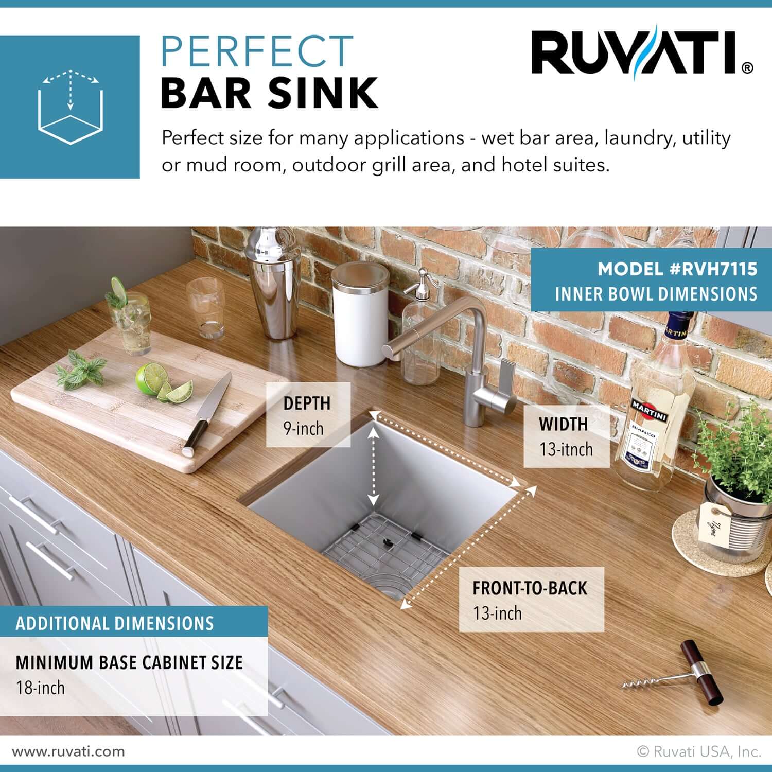 Alternate Image for Ruvati Nesta 15" Undermount Square Stainless Steel Bar/Prep Sink, 16 Gauge, Zero Radius, RVH7115