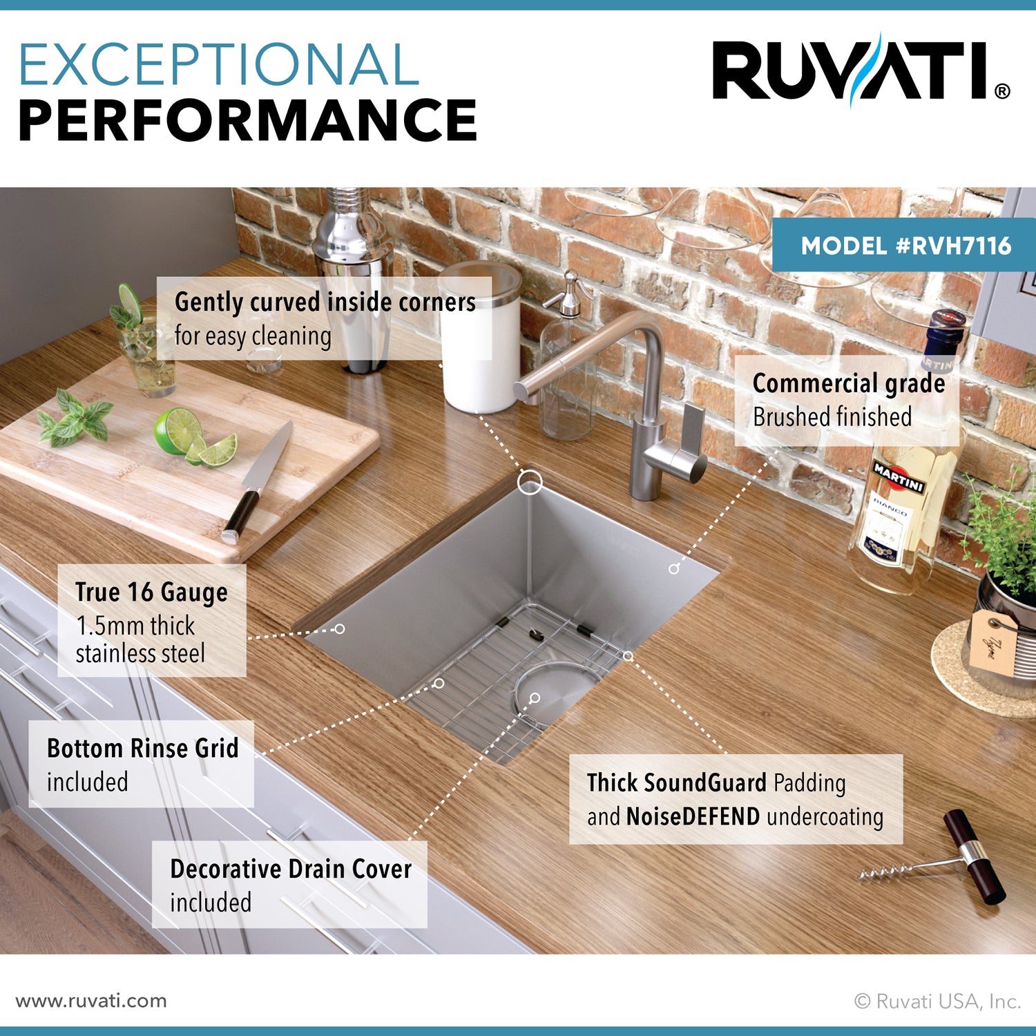 Alternate Image for Ruvati Gravena 16" Undermount Rectangle Stainless Steel Bar/Prep Sink, 16 Gauge, Rounded Corners, RVH7116