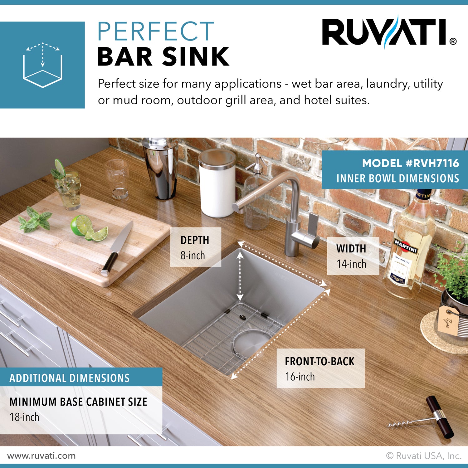 Alternate Image for Ruvati Gravena 16" Undermount Rectangle Stainless Steel Bar/Prep Sink, 16 Gauge, Rounded Corners, RVH7116