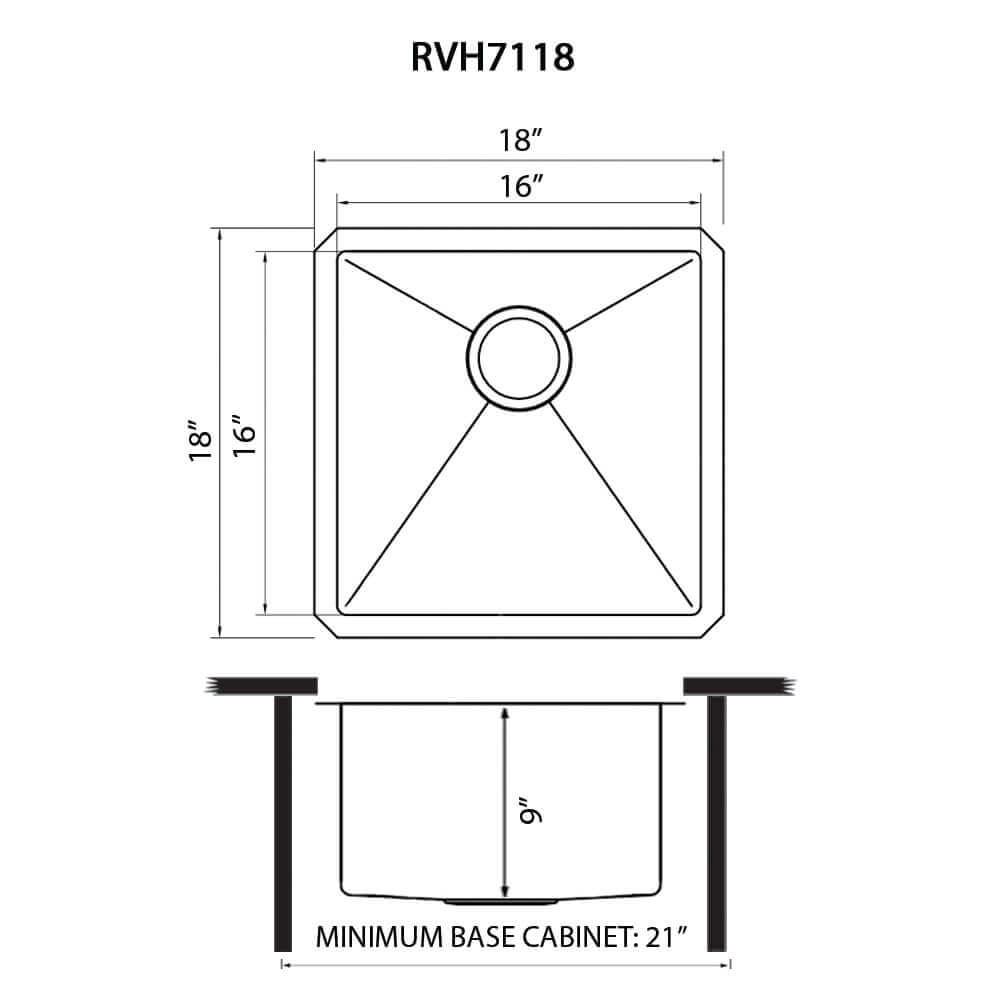 Alternate Image for Ruvati Gravena 18" Undermount Square Stainless Steel Bar/Prep Sink, 16 Gauge, Round Corners, RVH7118