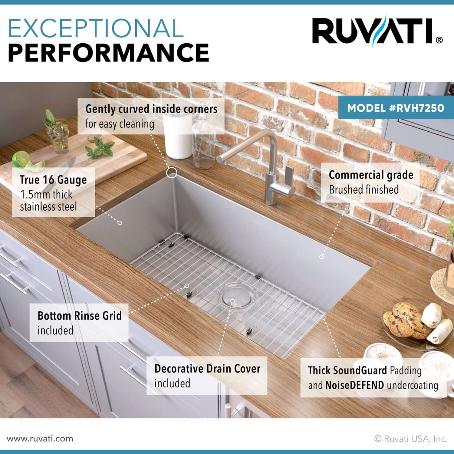Alternate Image for Ruvati Gravena 28" Undermount Stainless Steel Kitchen Sink, 16 Gauge, Rounded Corners, RVH7250