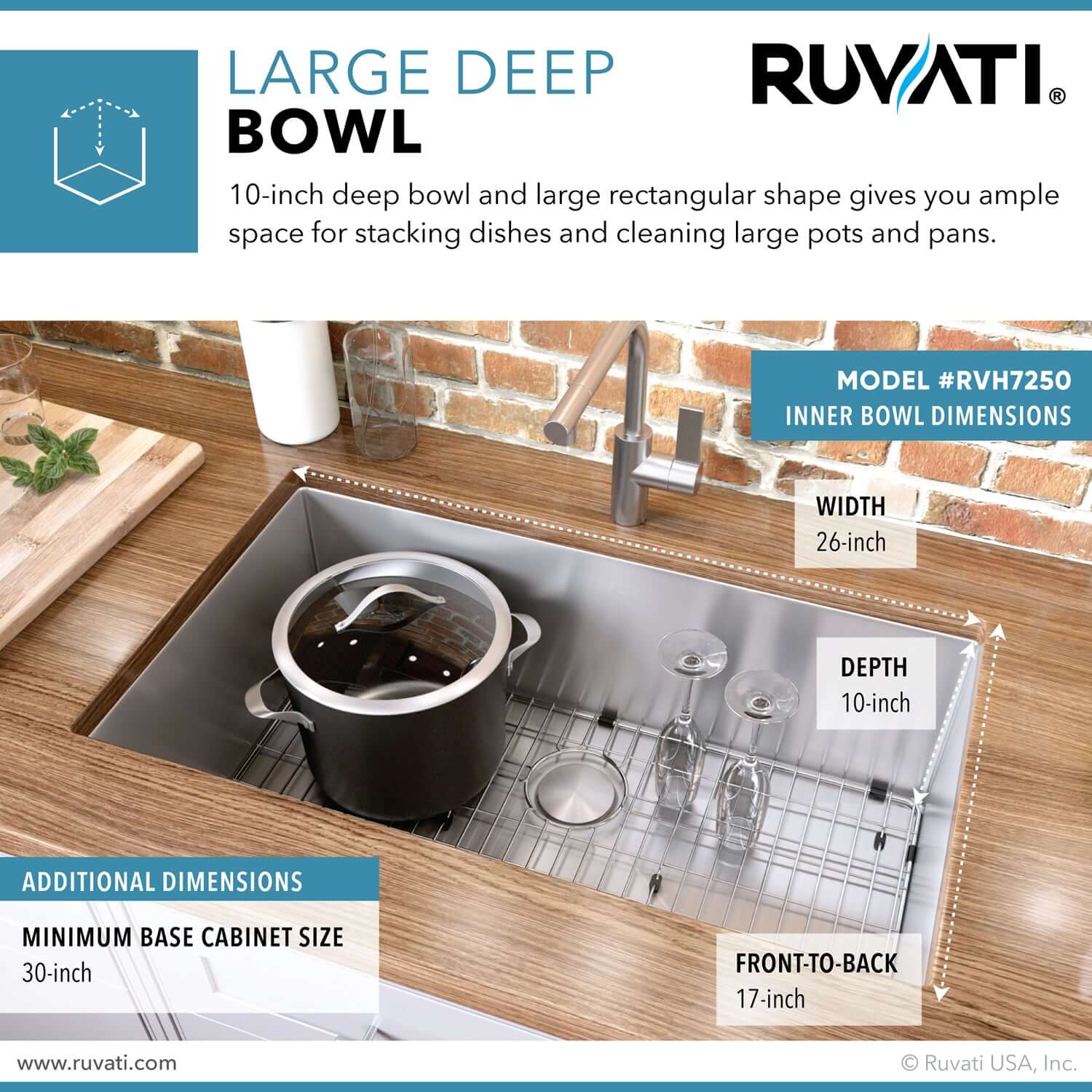 Alternate Image for Ruvati Gravena 28" Undermount Stainless Steel Kitchen Sink, 16 Gauge, Rounded Corners, RVH7250
