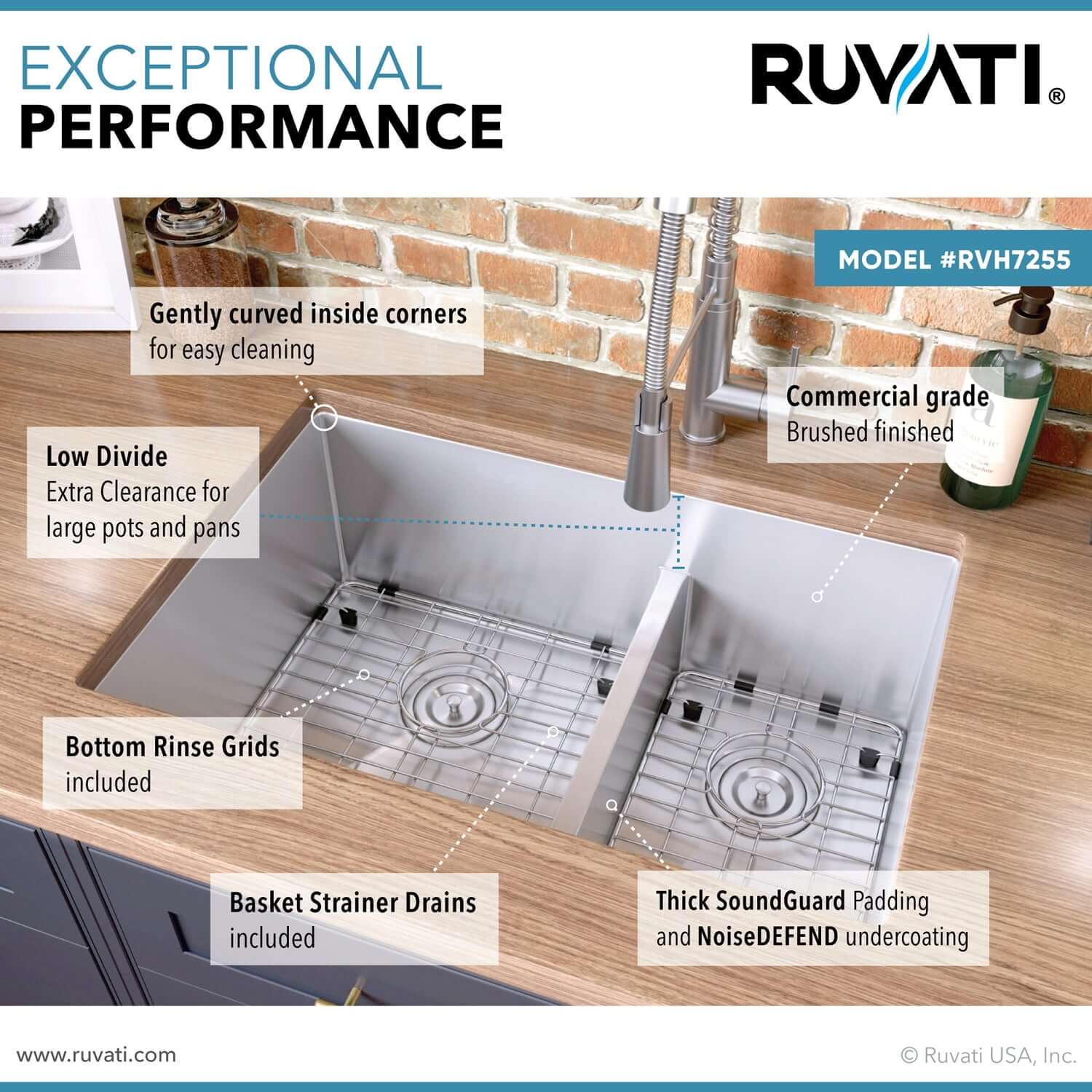 Alternate Image for Ruvati Urbana 28" Undermount Stainless Steel Kitchen Sink, 60/40 Low Divide Double Bowl, 16 Gauge, Rounded Corners, RVH7255