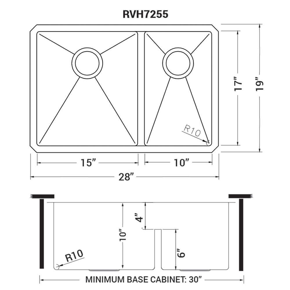 Alternate Image for Ruvati Urbana 28" Undermount Stainless Steel Kitchen Sink, 60/40 Low Divide Double Bowl, 16 Gauge, Rounded Corners, RVH7255