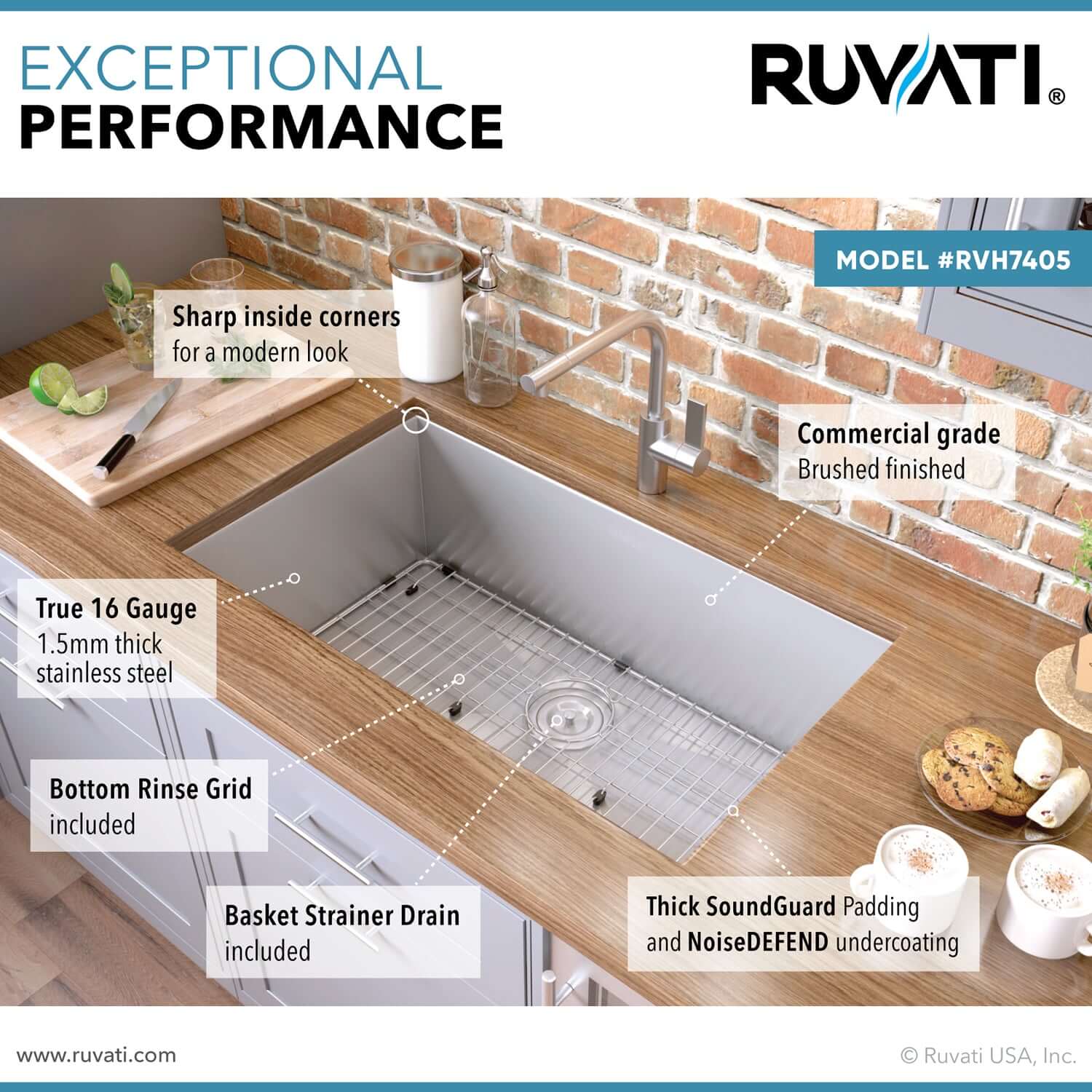 Alternate Image for Ruvati Nesta 32" Undermount Stainless Steel Kitchen Sink, 16 Gauge, Zero Radius, RVH7405