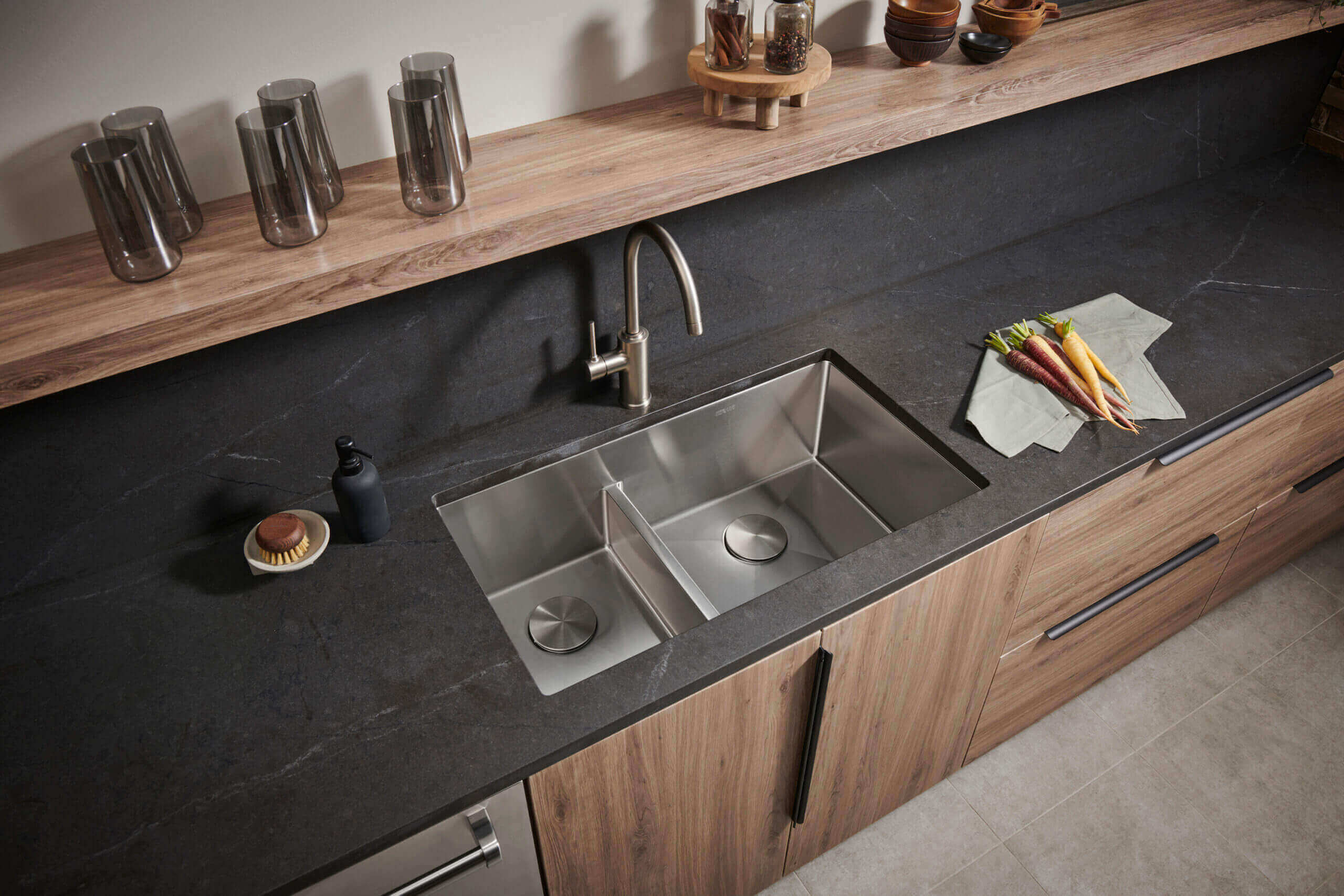 Alternate Image for Ruvati Urbana 33" Undermount Stainless Steel Kitchen Sink, 40/60 Low Divide Double Bowl, 16 Gauge, Rounded Corners, RVH7418