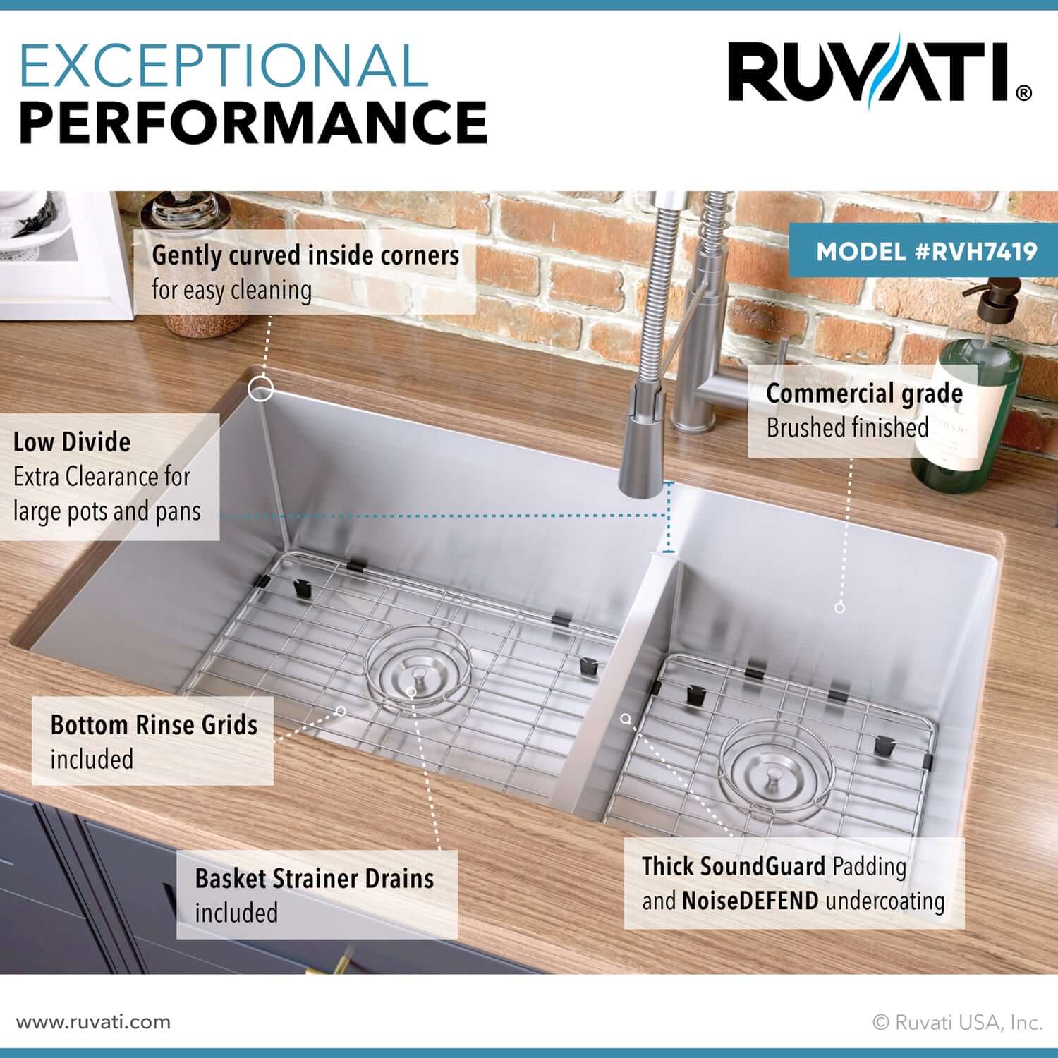 Alternate Image for Ruvati Urbana 33" Undermount Stainless Steel Kitchen Sink, 60/40 Low Divide Double Bowl, 16 Gauge, Rounded Corners, RVH7419