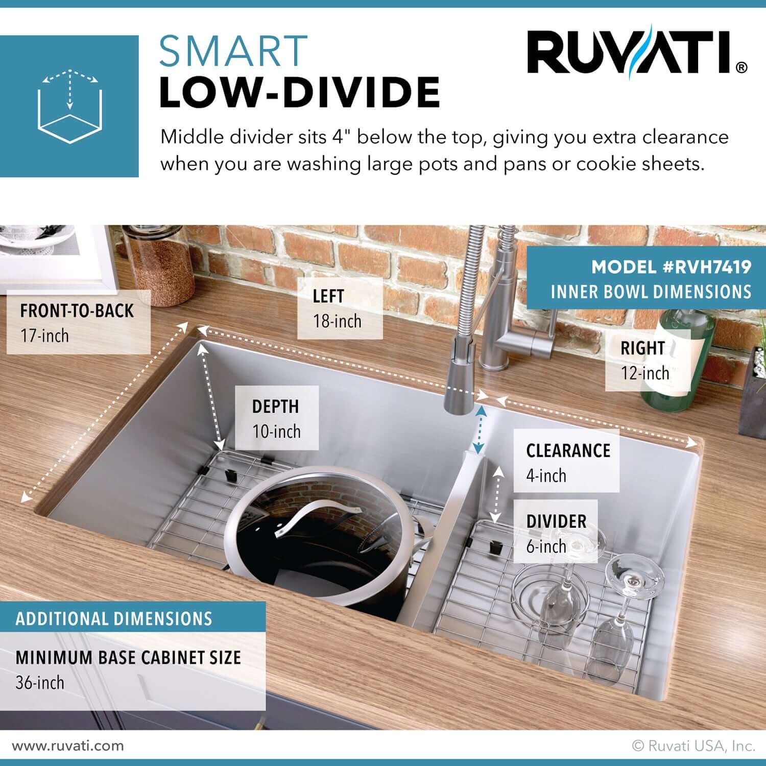 Alternate Image for Ruvati Urbana 33" Undermount Stainless Steel Kitchen Sink, 60/40 Low Divide Double Bowl, 16 Gauge, Rounded Corners, RVH7419