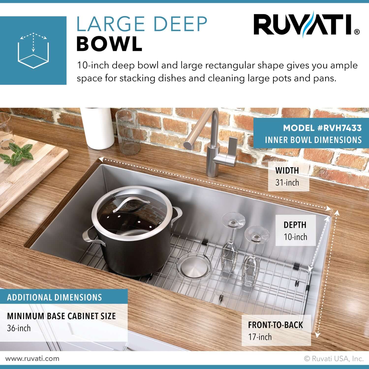 Alternate Image for Ruvati Gravena 33" Undermount Stainless Steel Kitchen Sink, 16 Gauge, Rounded Corners, RVH7433