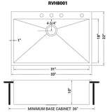 Dimensions for Ruvati Tirana 33" Drop-in Topmount Stainless Steel Kitchen Sink, 16 Gauge, Zero Radius, RVH8001