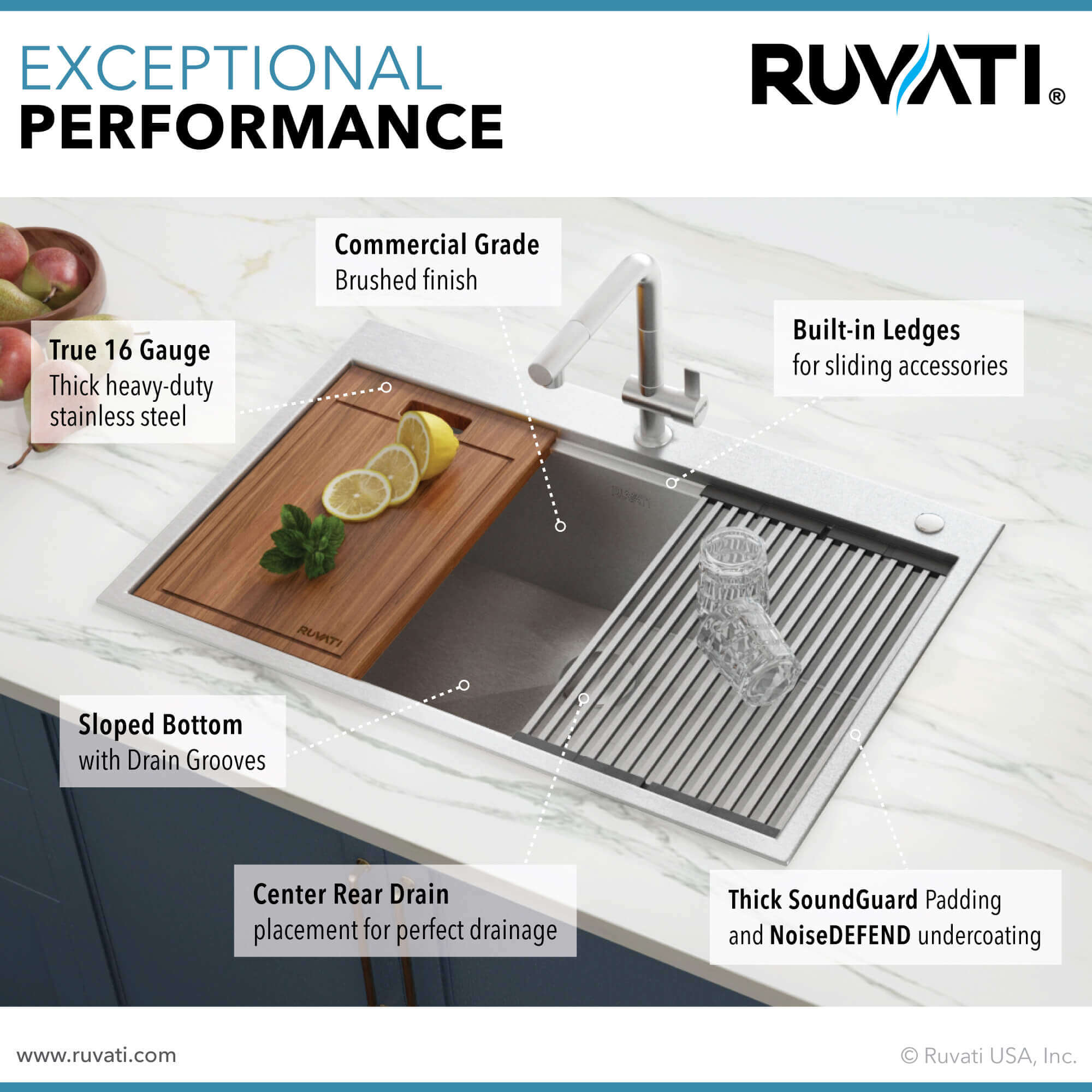 Alternate Image for Ruvati Siena 33" Stainless Steel Workstation Kitchen Sink, 16 Gauge, Rounded Corners, RVH8003