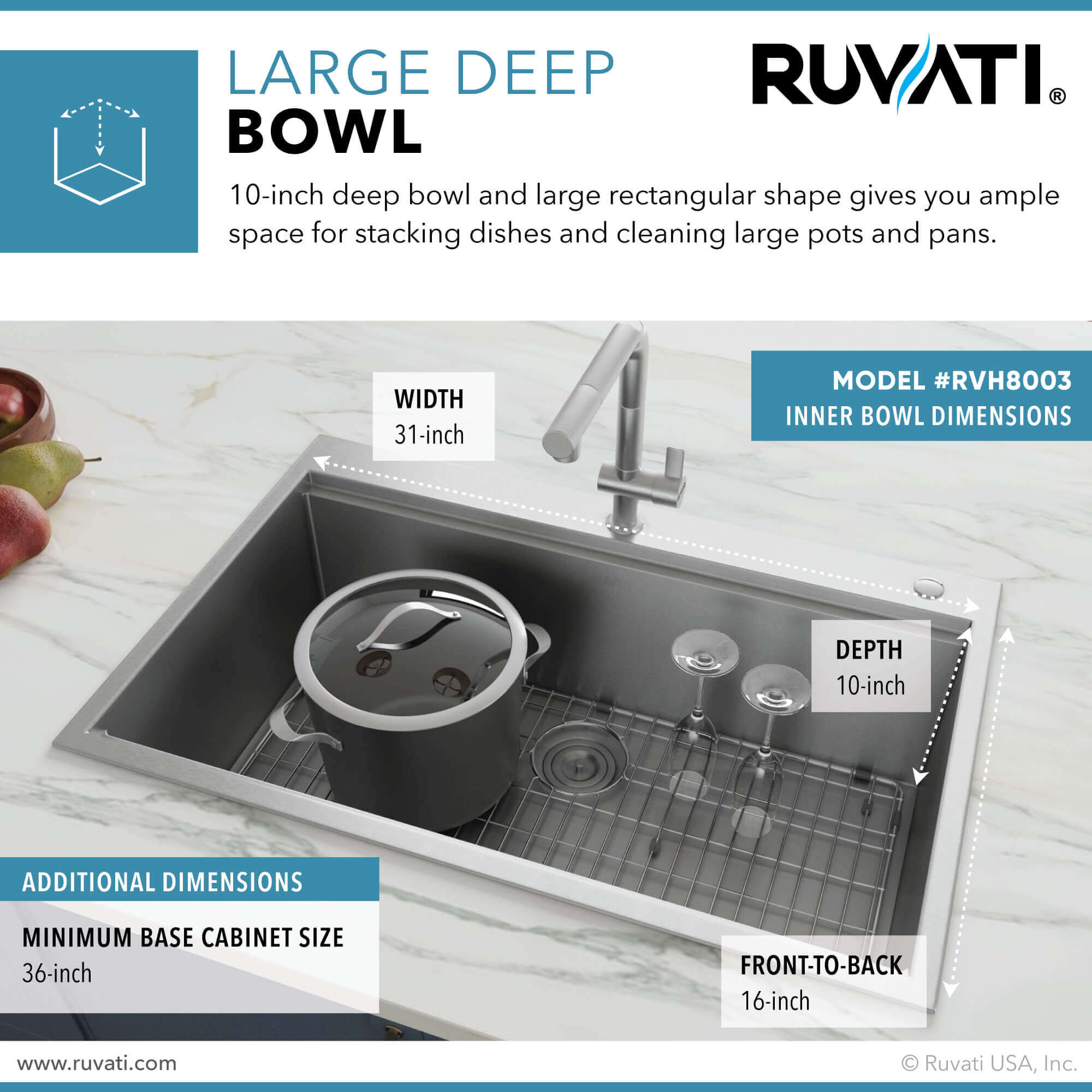 Alternate Image for Ruvati Siena 33" Stainless Steel Workstation Kitchen Sink, 16 Gauge, Rounded Corners, RVH8003