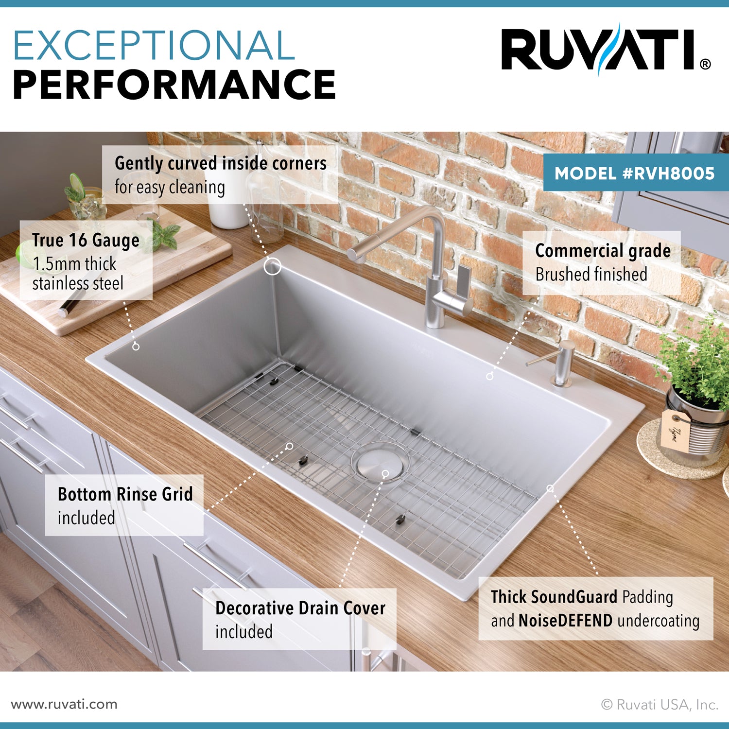 Alternate Image for Ruvati Tirana Pro 33" Stainless Steel Kitchen Sink, 16 Gauge, Rounded Corners, RVH8005