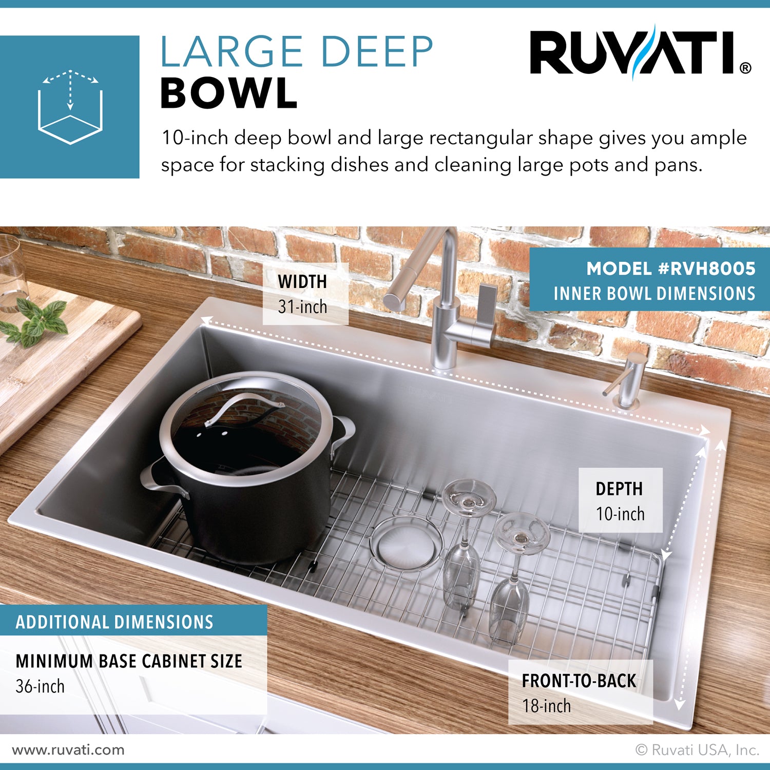 Alternate Image for Ruvati Tirana Pro 33" Stainless Steel Kitchen Sink, 16 Gauge, Rounded Corners, RVH8005