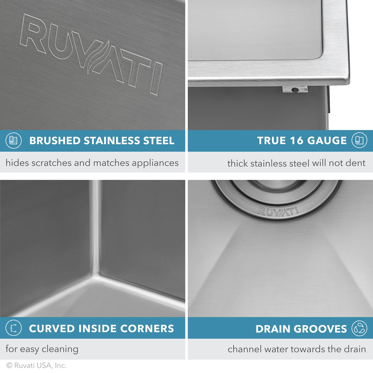Alternate Image for Ruvati Tirana Pro 33" Stainless Steel Kitchen Sink, 16 Gauge, Rounded Corners, RVH8005