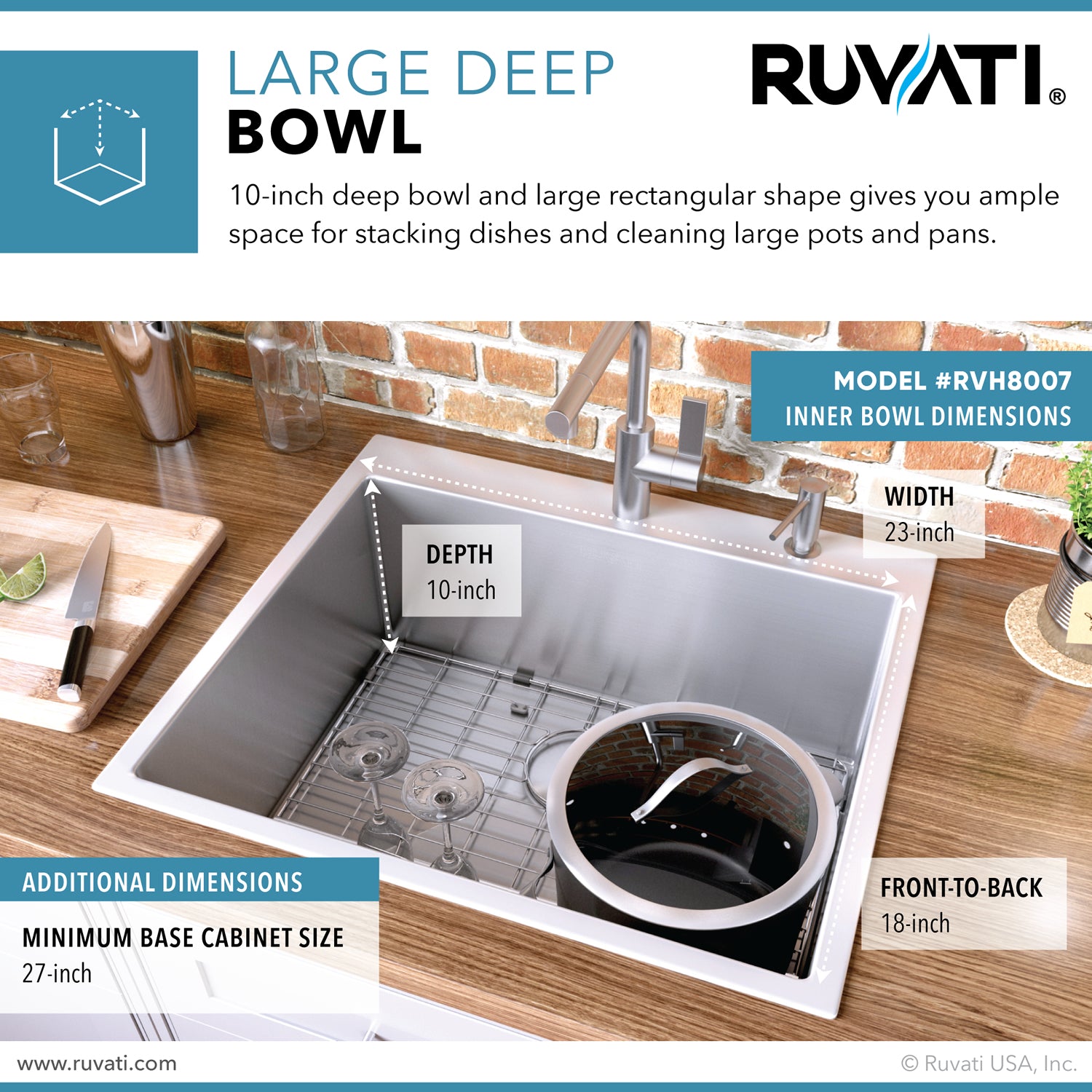 Alternate Image for Ruvati Tirana Pro 25" Stainless Steel Kitchen Sink, 16 Gauge, Rounded Corners, RVH8007