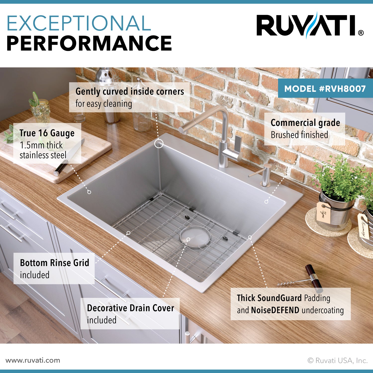 Alternate Image for Ruvati Tirana Pro 25" Stainless Steel Kitchen Sink, 16 Gauge, Rounded Corners, RVH8007