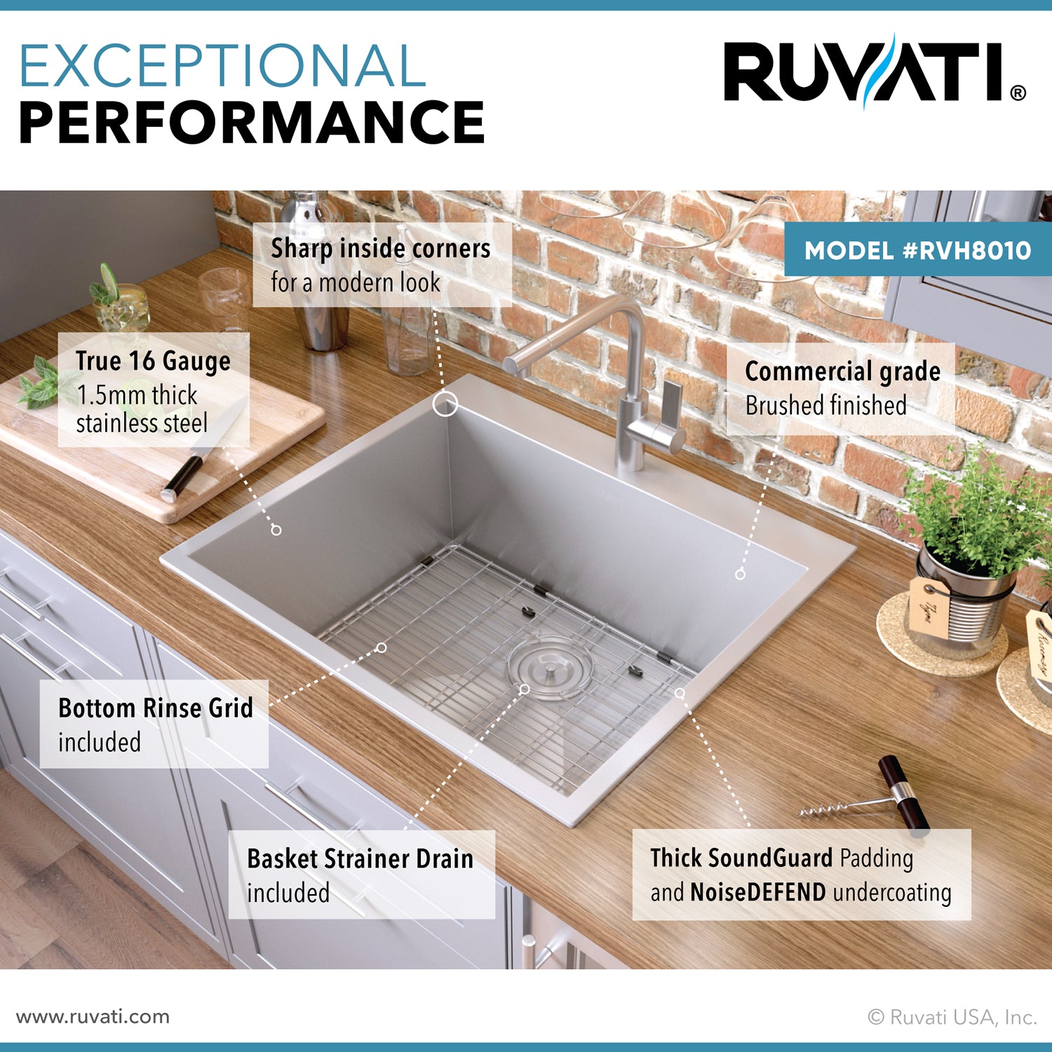 Alternate Image for Ruvati Tirana 25" Drop-in Topmount Stainless Steel Kitchen Sink, 16 Gauge, RVH8010
