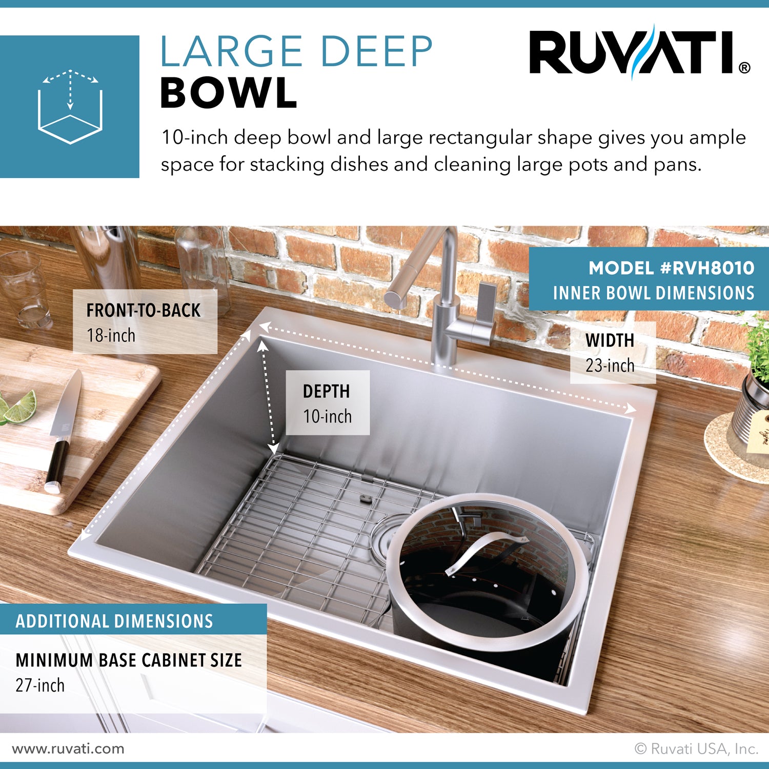 Alternate Image for Ruvati Tirana 25" Drop-in Topmount Stainless Steel Kitchen Sink, 16 Gauge, RVH8010