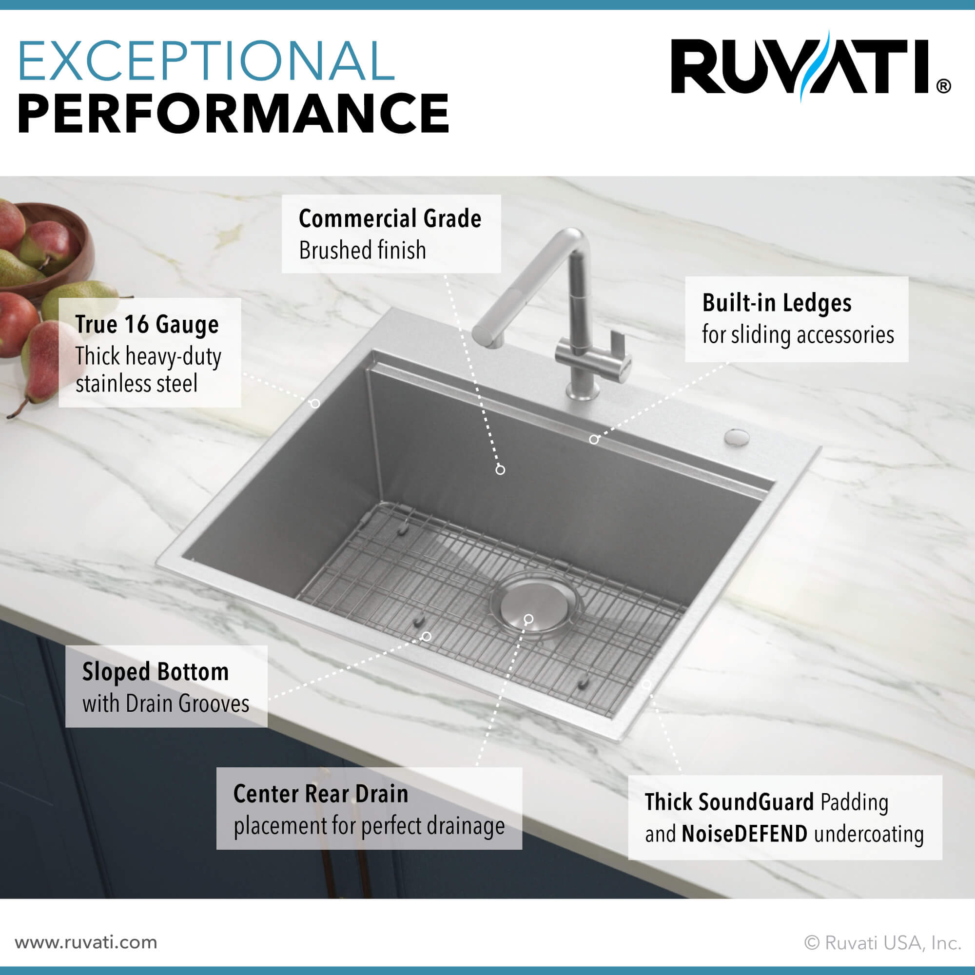 Alternate Image for Ruvati Siena 25" Stainless Steel Workstation Kitchen Sink, 16 Gauge, Rounded Corners, RVH8023