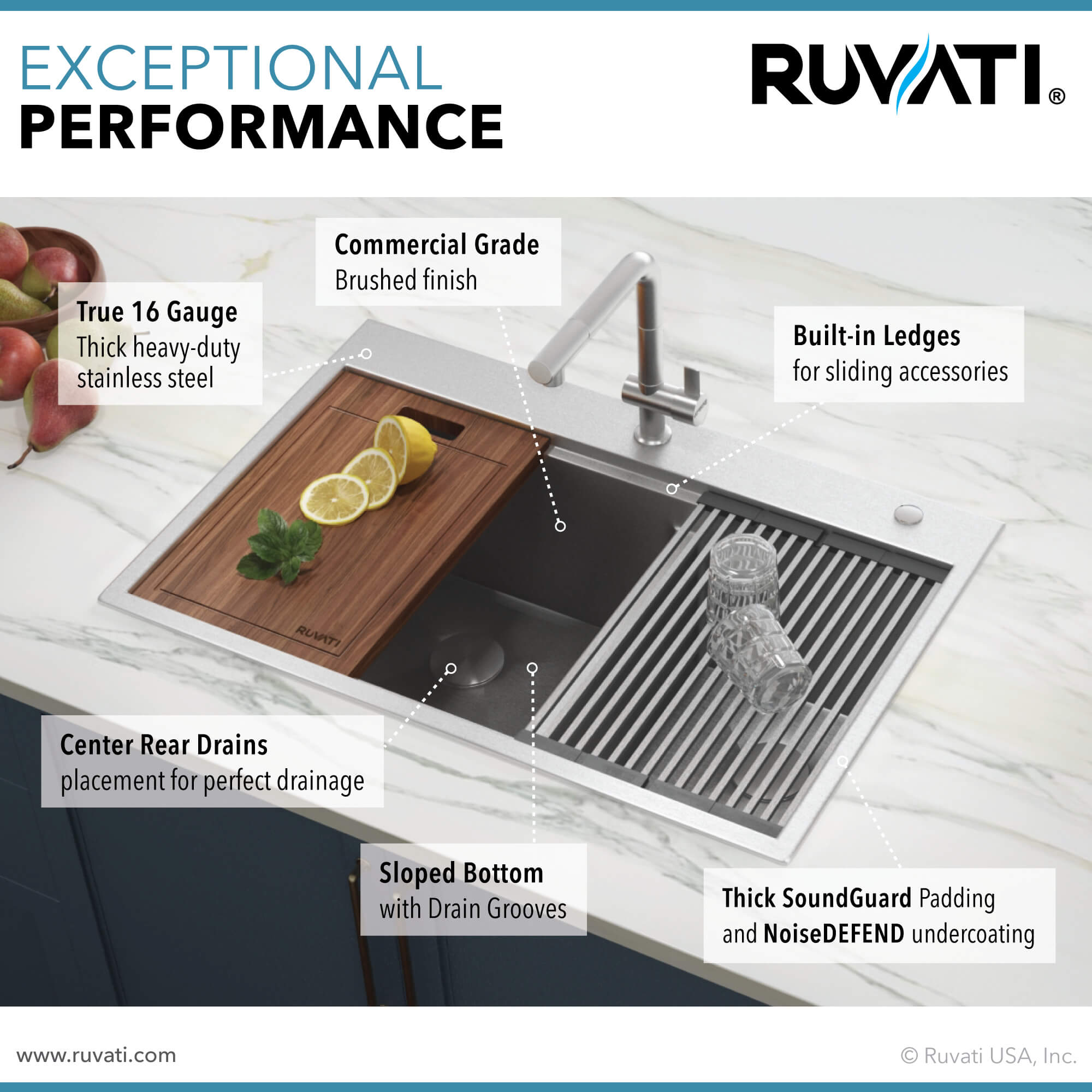 Alternate Image for Ruvati Siena 33" Stainless Steel Workstation Kitchen Sink, 60/40 Double Bowl, 16 Gauge, Rounded Corners, RVH8035
