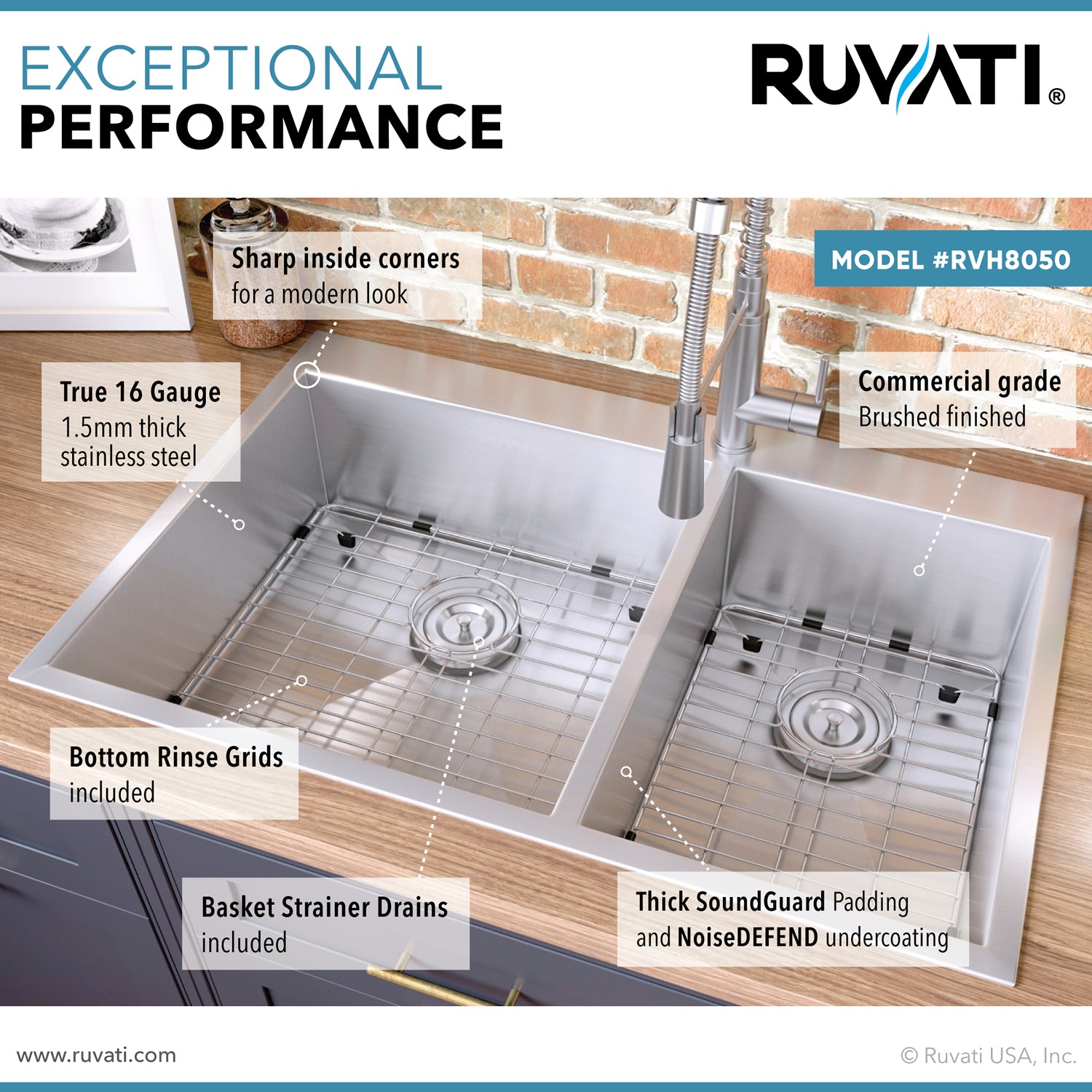 Alternate Image for Ruvati Tirana 33" Drop In Stainless Steel Kitchen Sink, 60/40 Double Bowl, 16 Gauge, Zero Radius, RVH8050