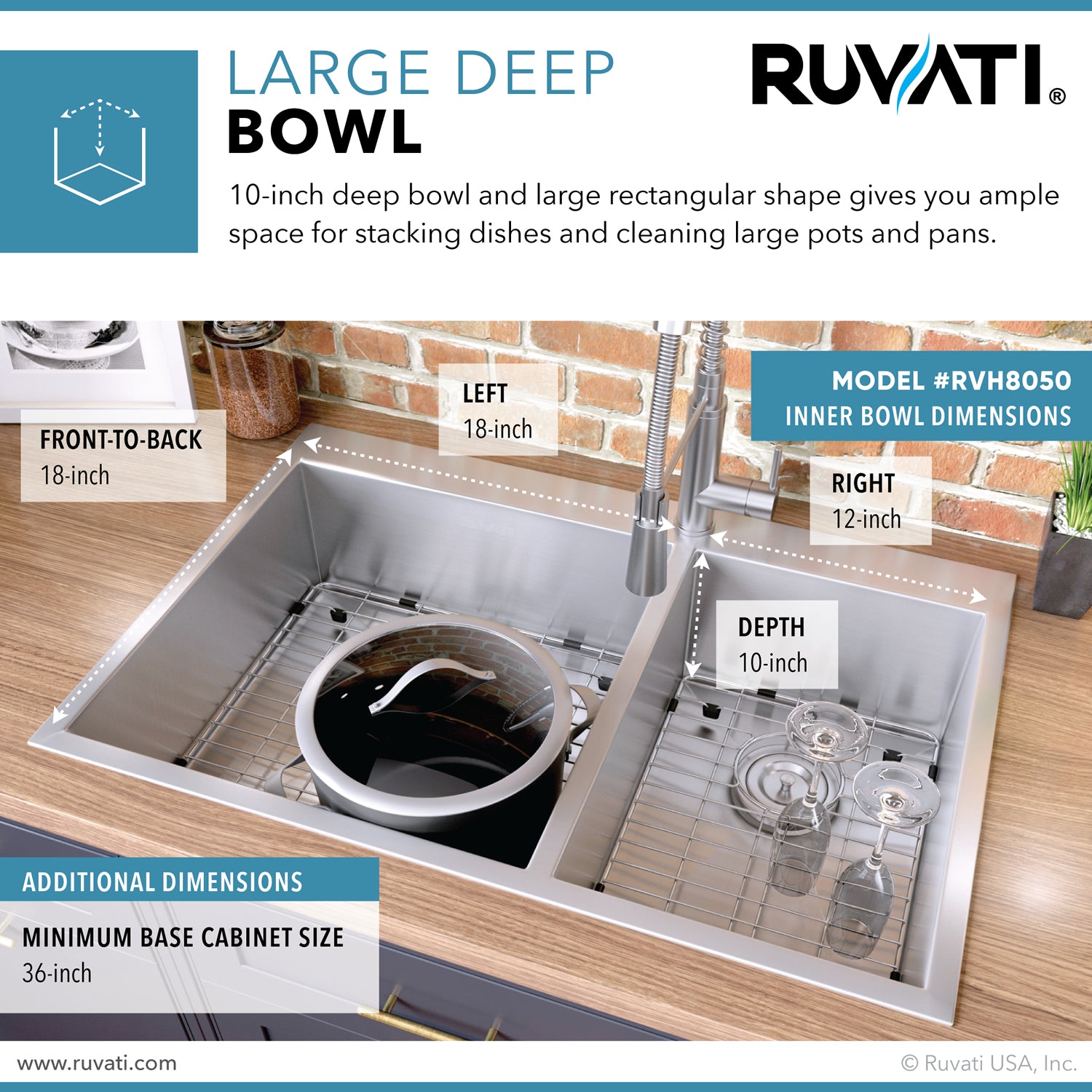 Alternate Image for Ruvati Tirana 33" Drop In Stainless Steel Kitchen Sink, 60/40 Double Bowl, 16 Gauge, Zero Radius, RVH8050