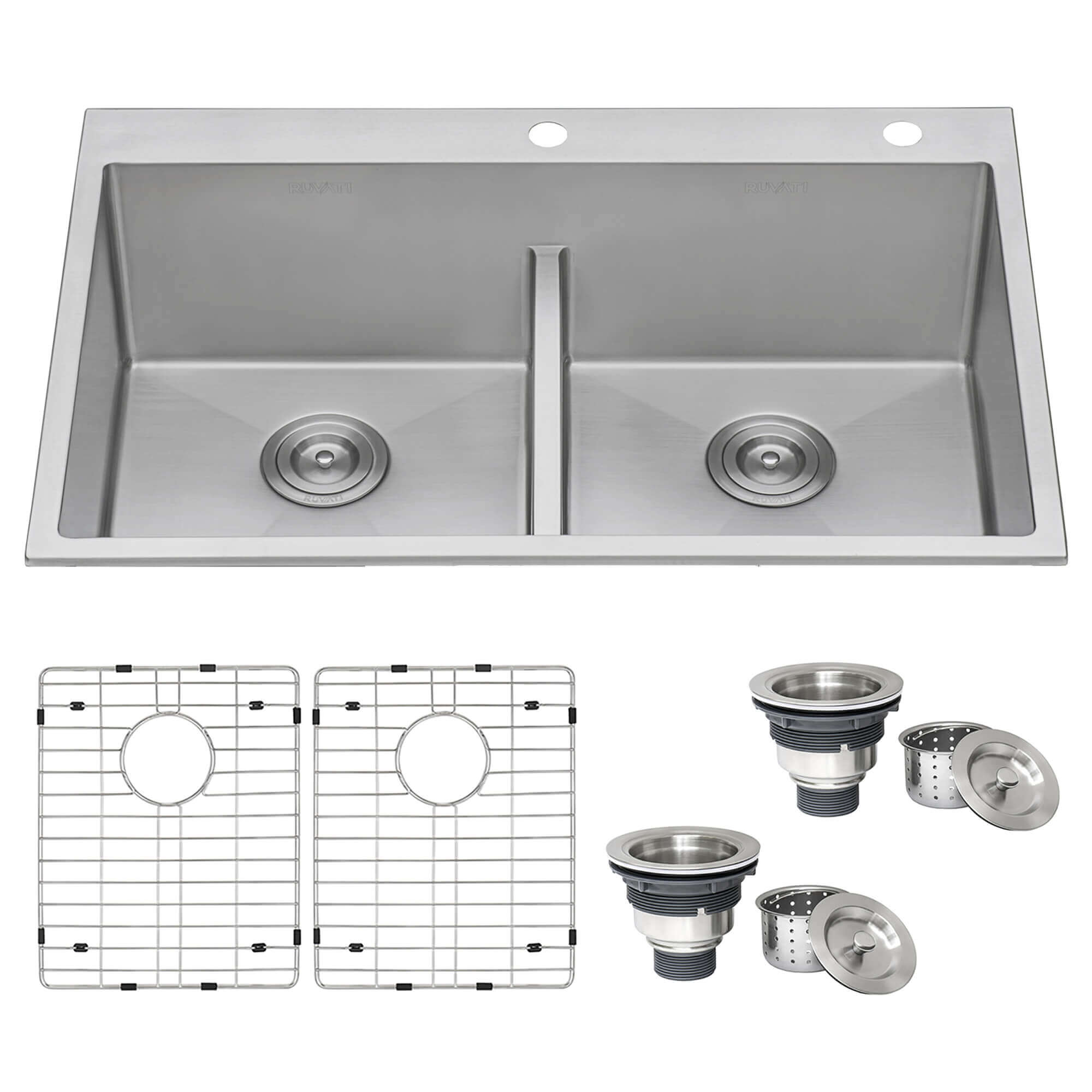 Alternate Image for Ruvati Tirana Pro 33" Stainless Steel Kitchen Sink, 50/50 Double Bowl, 16 Gauge, Rounded Corners, RVH8051