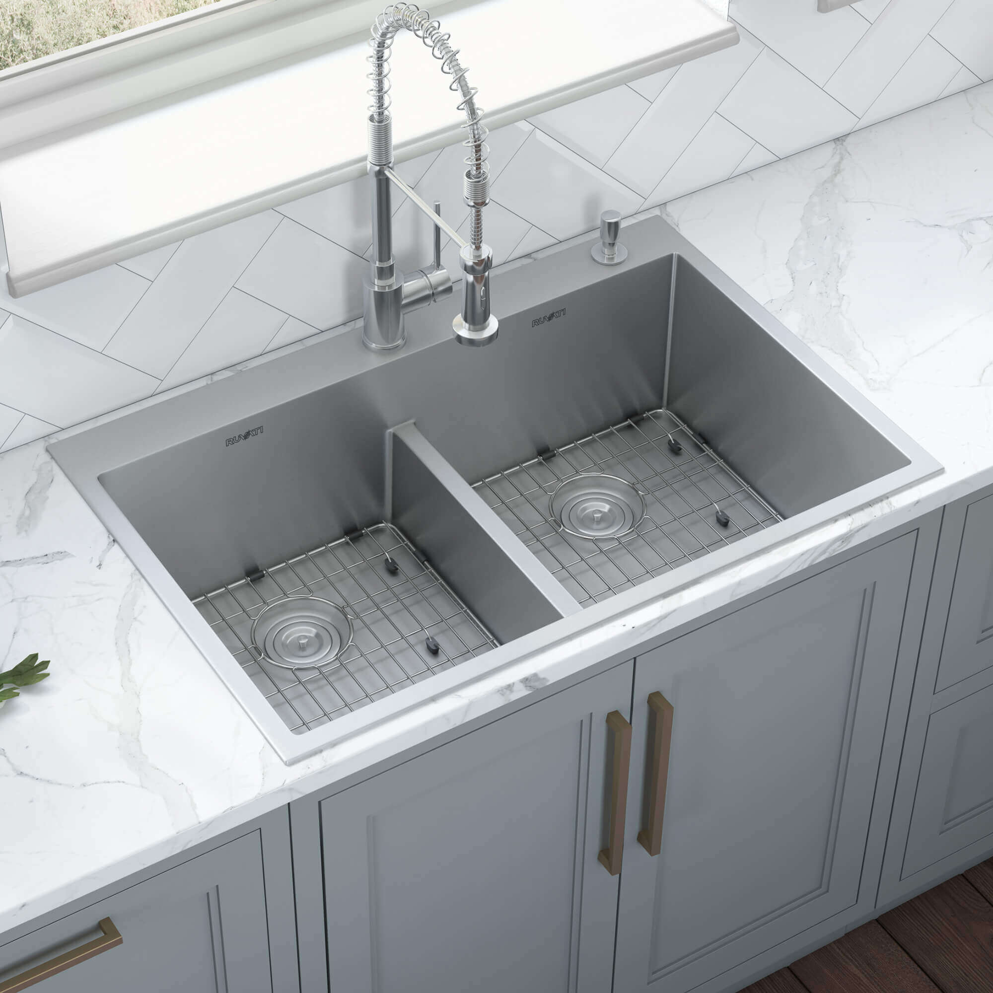 Alternate Image for Ruvati Tirana Pro 33" Stainless Steel Kitchen Sink, 50/50 Double Bowl, 16 Gauge, Rounded Corners, RVH8051