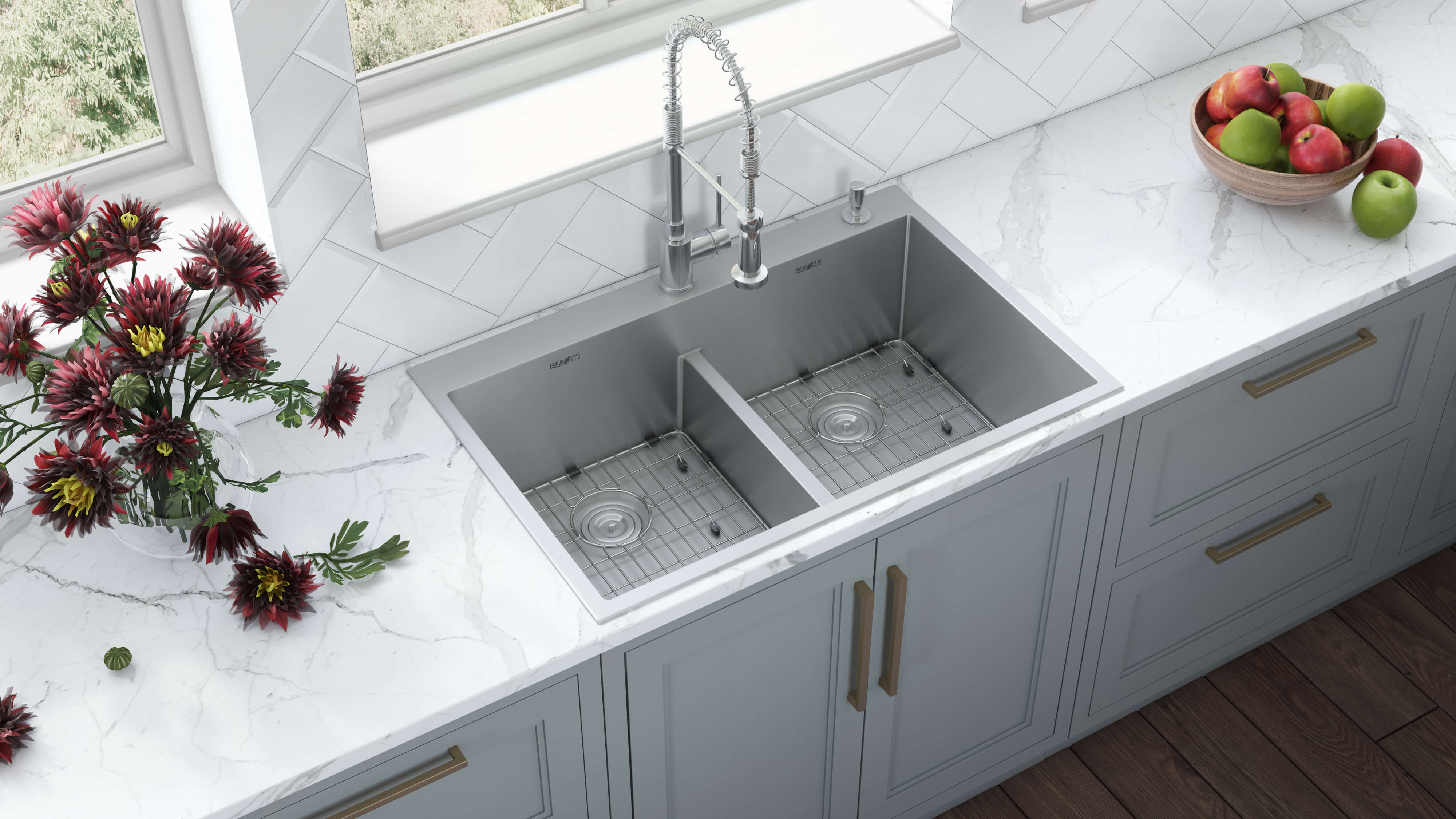 Alternate Image for Ruvati Tirana Pro 33" Stainless Steel Kitchen Sink, 50/50 Double Bowl, 16 Gauge, Rounded Corners, RVH8051