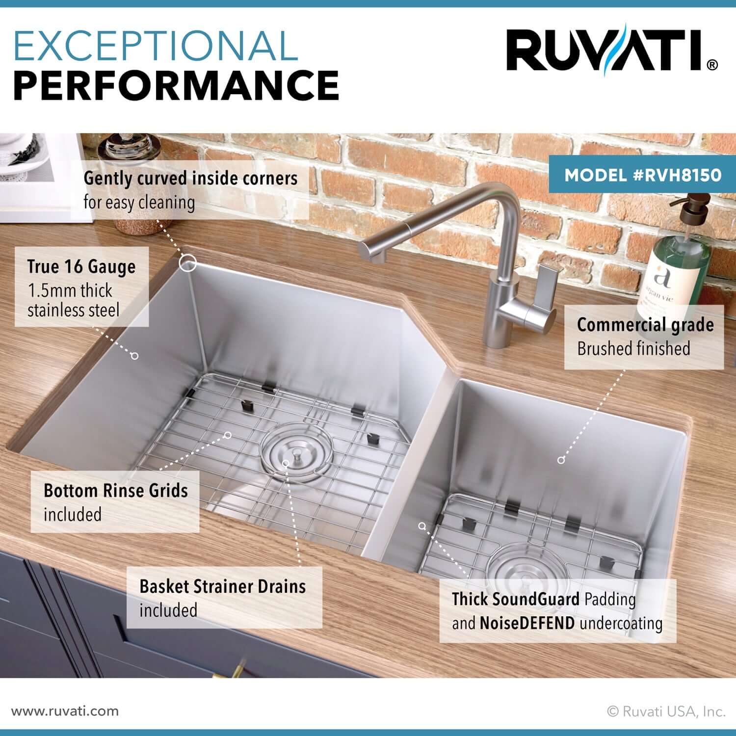 Alternate Image for Ruvati Gravena 33" Undermount Stainless Steel Kitchen Sink, 60/40 Double Bowl, 16 Gauge, RVH8150