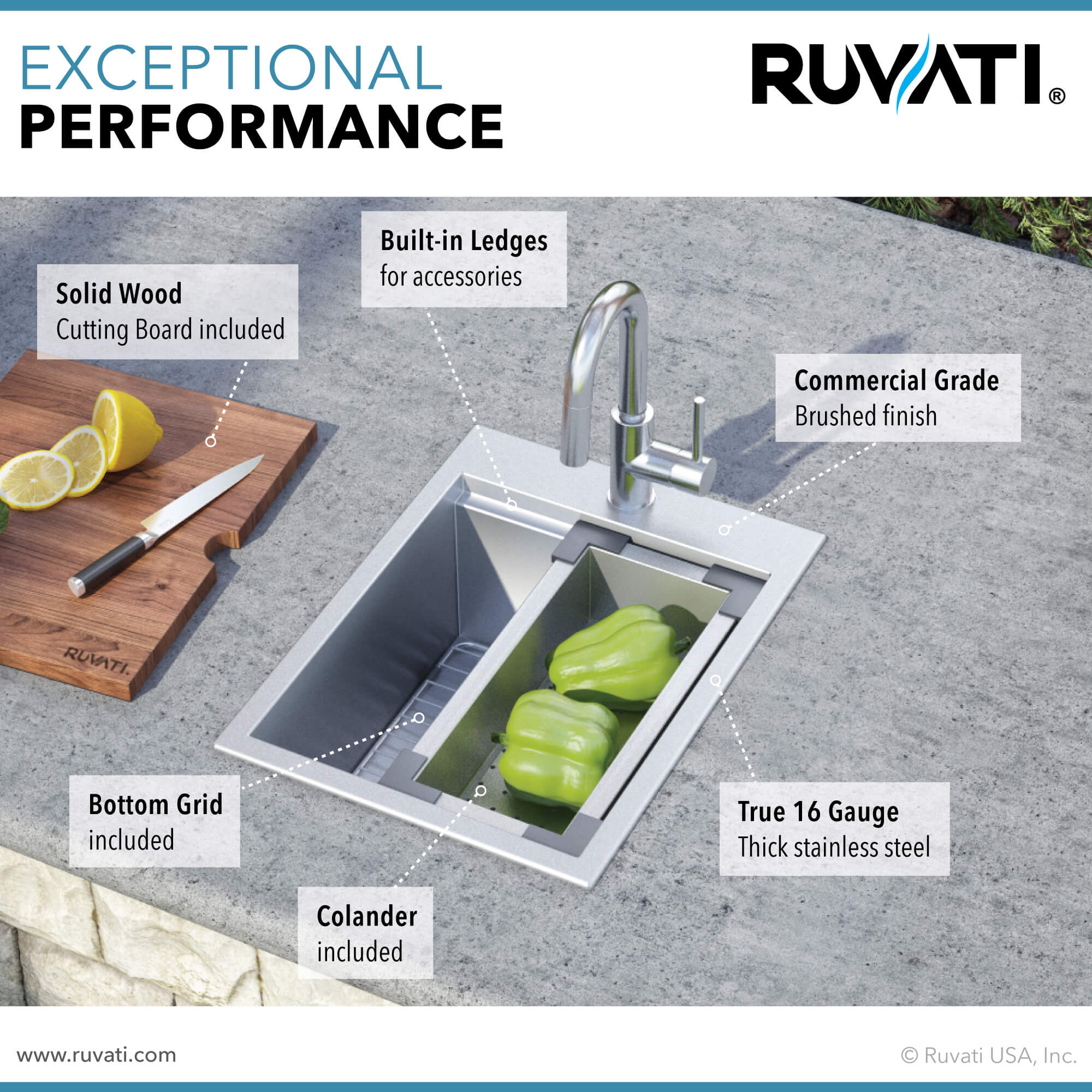 Alternate Image for Ruvati Vino 15" Rectangle Stainless Steel Workstation Bar/Prep Sink, 16 Gauge, RVH8210