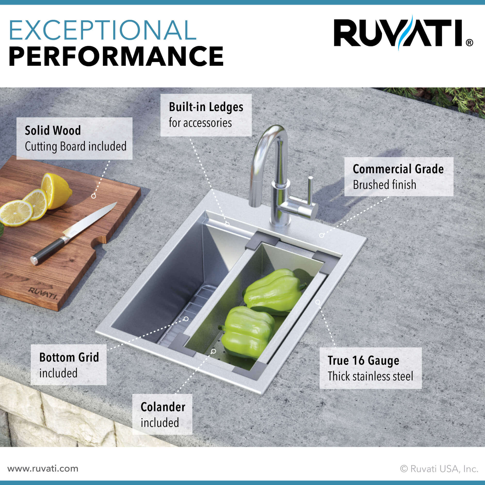 Alternate Image for Ruvati Vino 15" Rectangle Stainless Steel Workstation Bar/Prep Sink, 16 Gauge, RVH8210