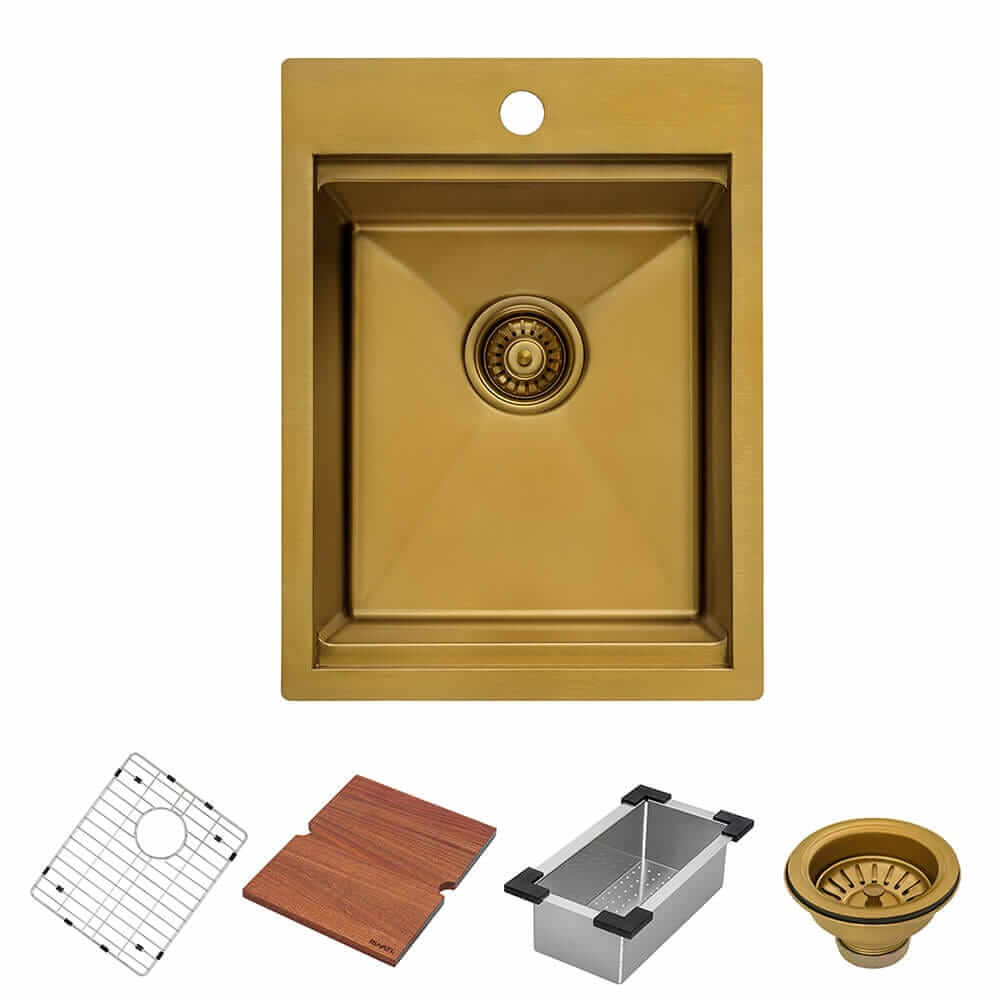 Alternate Image for Ruvati Giana 15 x 20 inch Polished Brass Matte Gold Stainless Steel Workstation Wet Bar Sink Drop-in Topmount, 16, Matte Gold Satin Brass, RVH8210GG