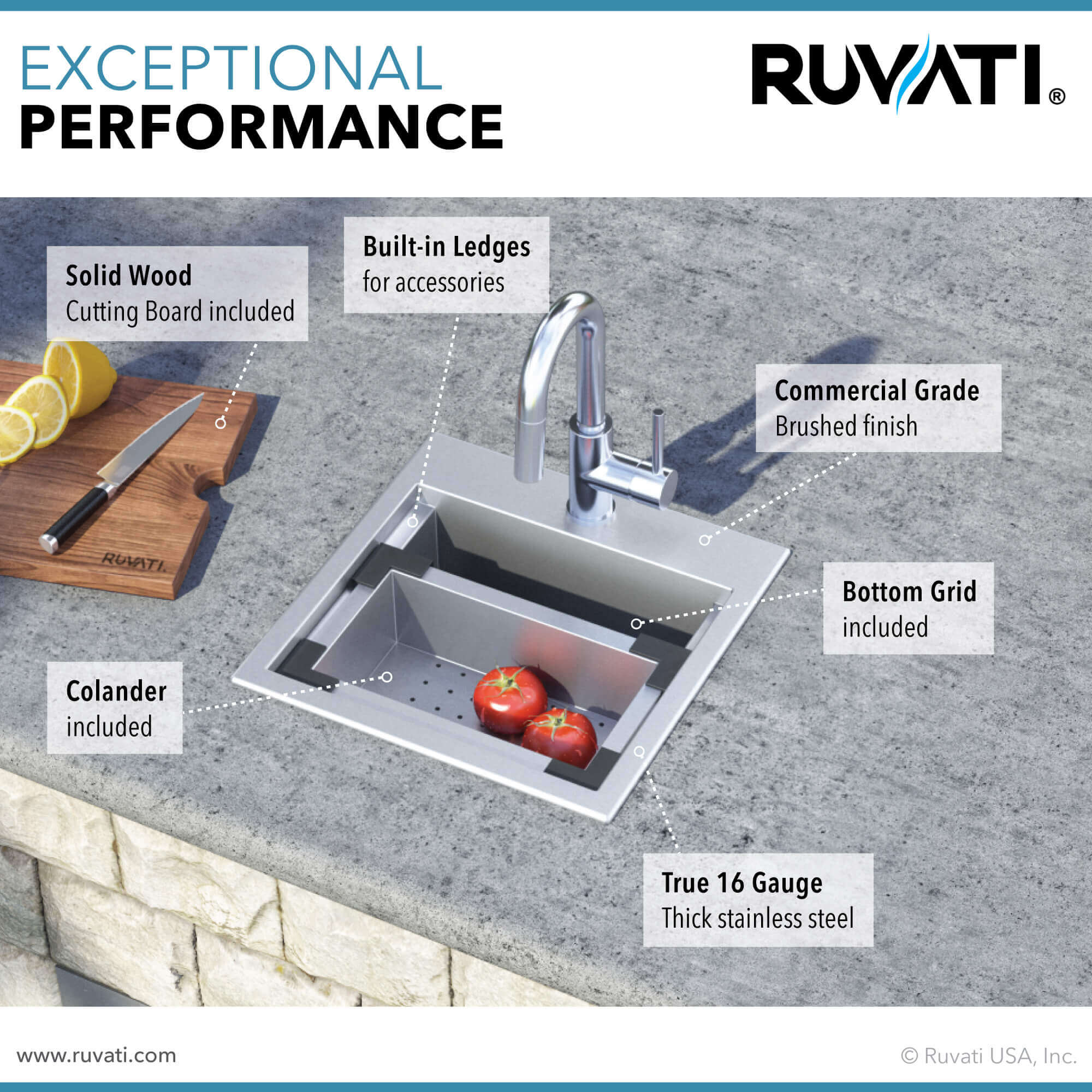 Alternate Image for Ruvati Vino 15" Square Stainless Steel Workstation Bar/Prep Sink, 16 Gauge, RVH8215