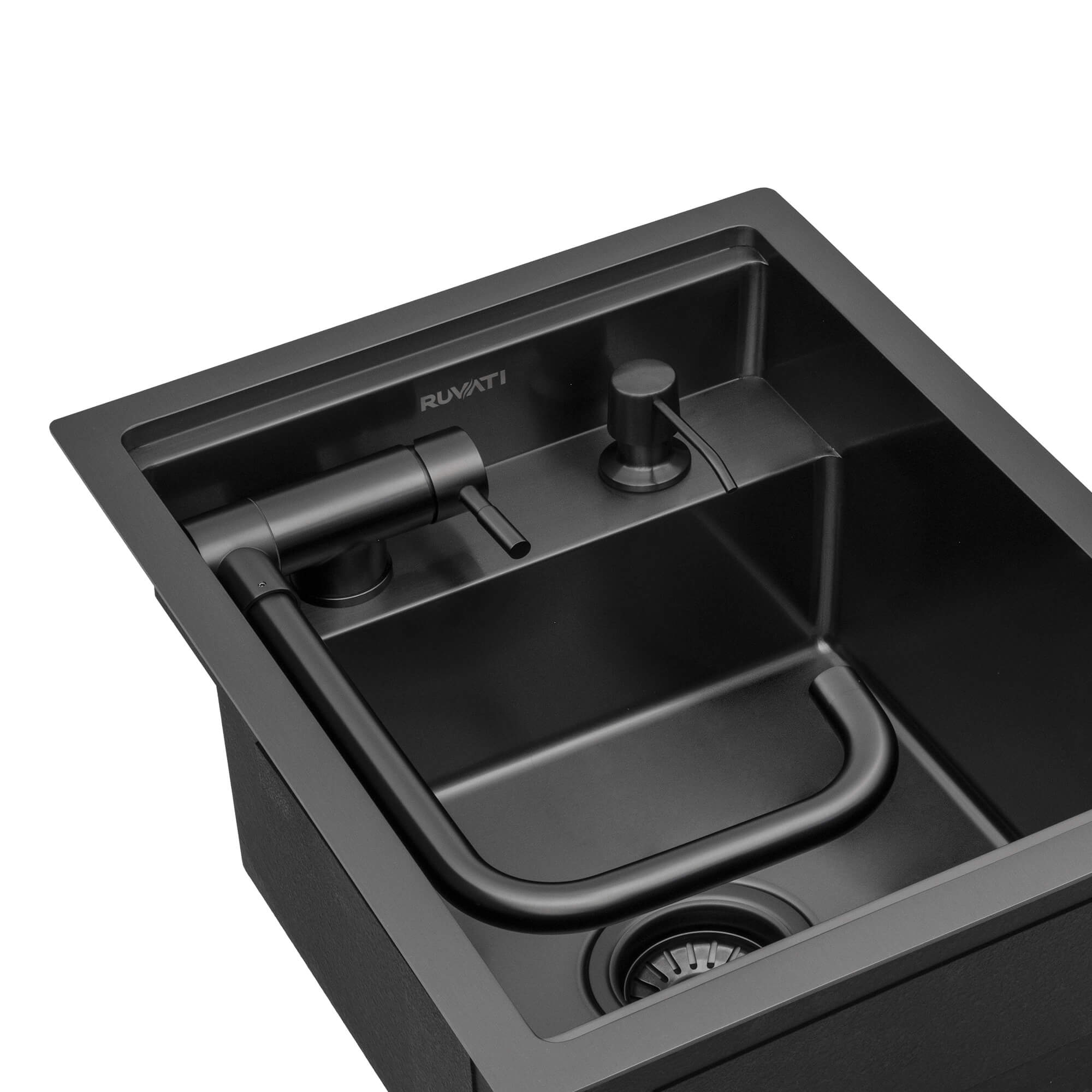 Alternative View of Ruvati Vienna 20 inch Gunmetal Black Stainless Steel RV Sink With Concealed Faucet and Soap DIspenser, 16, RVH8272BL