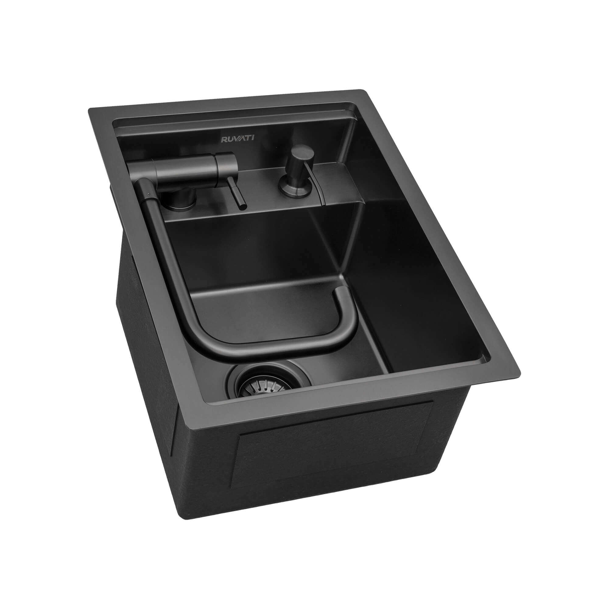 Alternate Image for Ruvati Vienna 20 inch Gunmetal Black Stainless Steel RV Sink With Concealed Faucet and Soap DIspenser, 16, RVH8272BL