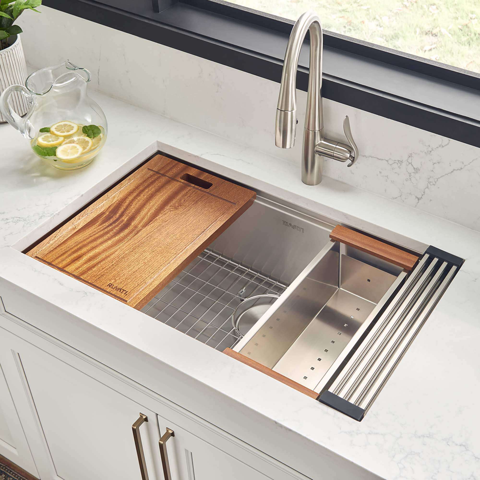 Alternate Image for Ruvati Roma Pro 33-inch Workstation Ledge Rounded Corners Undermount 16 Gauge Kitchen Sink Single Bowl, Stainless Steel, 16, RVH8303