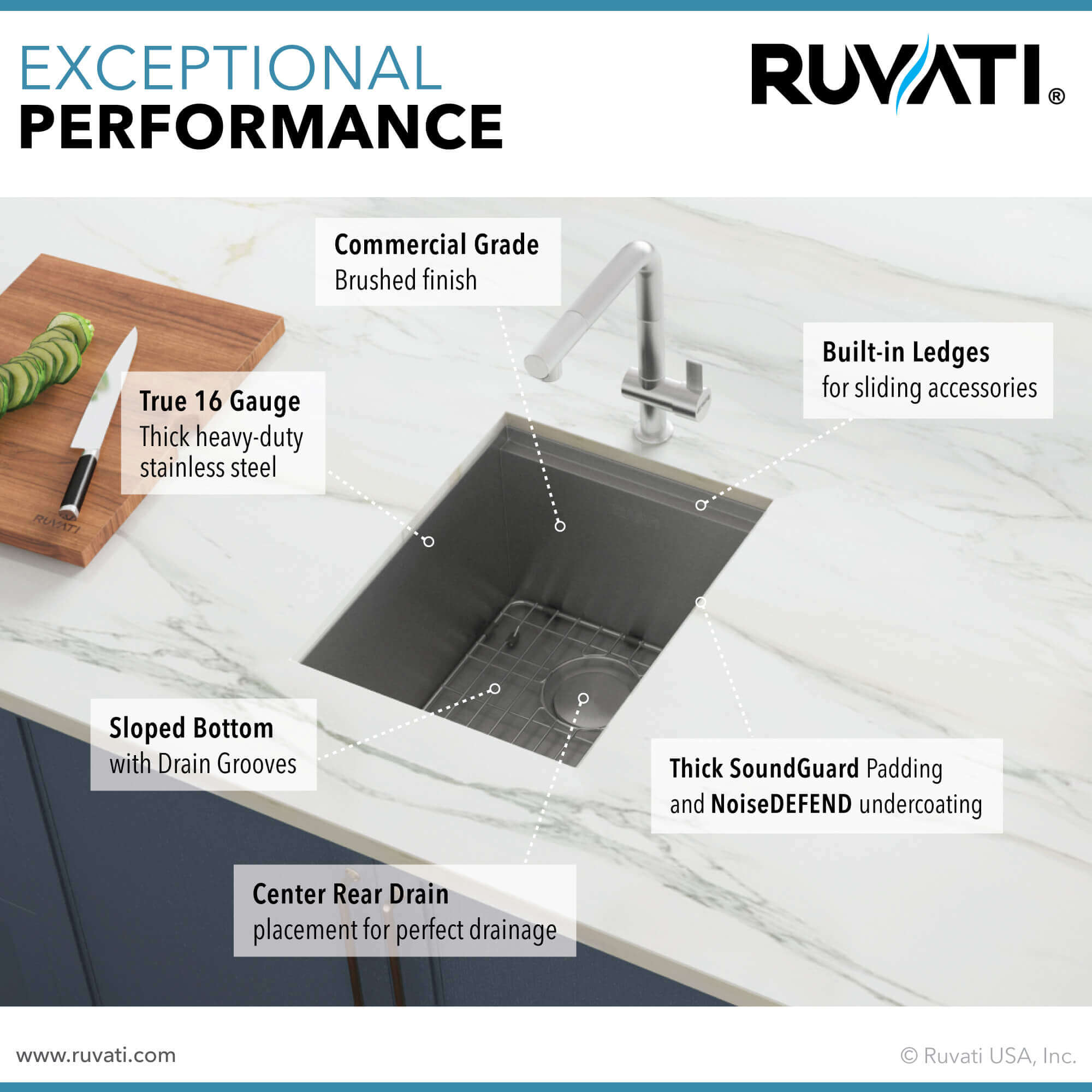 Alternate Image for Ruvati Roma 15" Undermount Rectangle Stainless Steel Workstation Bar/Prep Sink, 16 Gauge, RVH8304