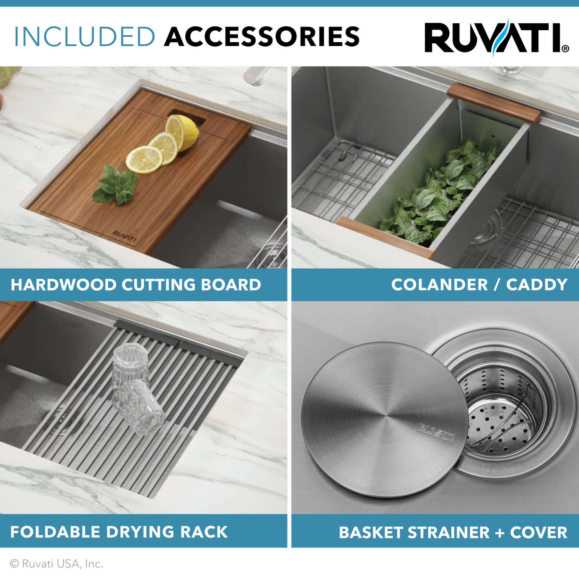 Alternate Image for Ruvati Roma 30" Undermount Stainless Steel Workstation Kitchen Sink, 50/50 Double Bowl, 16 Gauge, RVH8345