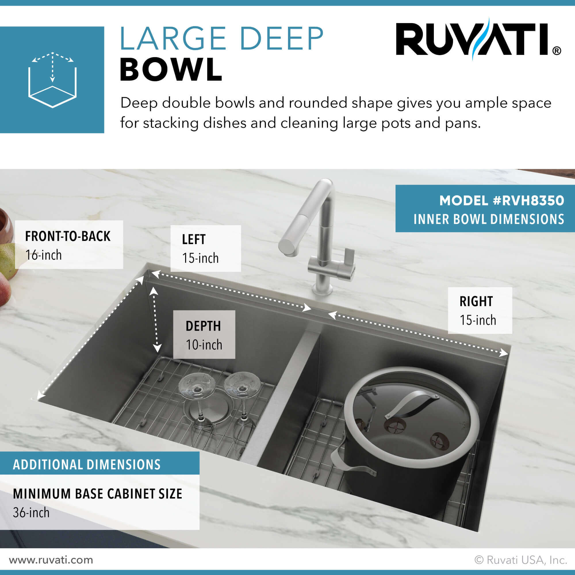 Alternate Image for Ruvati Roma 33" Undermount Stainless Steel Workstation Kitchen Sink, 50/50 Double Bowl, 16 Gauge, RVH8350