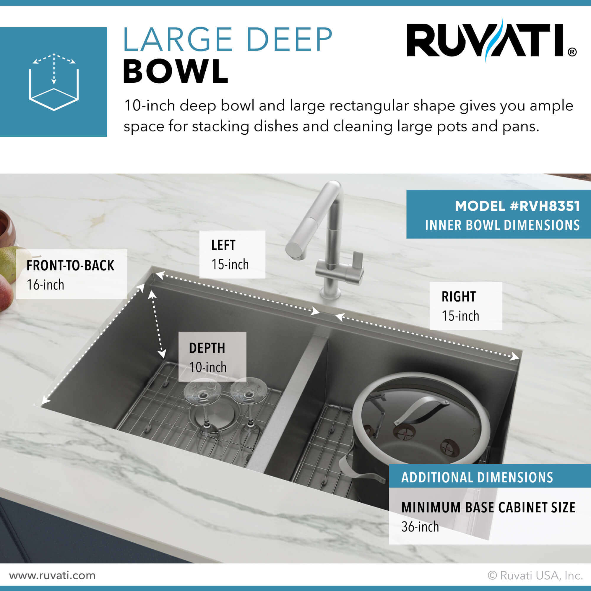 Alternate Image for Ruvati Roma Pro 33" Undermount Stainless Steel Workstation Kitchen Sink, 50/50 Double Bowl, 16 Gauge, Rounded Corners, RVH8351