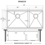 Dimensions for Ruvati Roma 36" Undermount Stainless Steel Workstation Kitchen Sink, 60/40 Double Bowl, 16 Gauge, RVH8359
