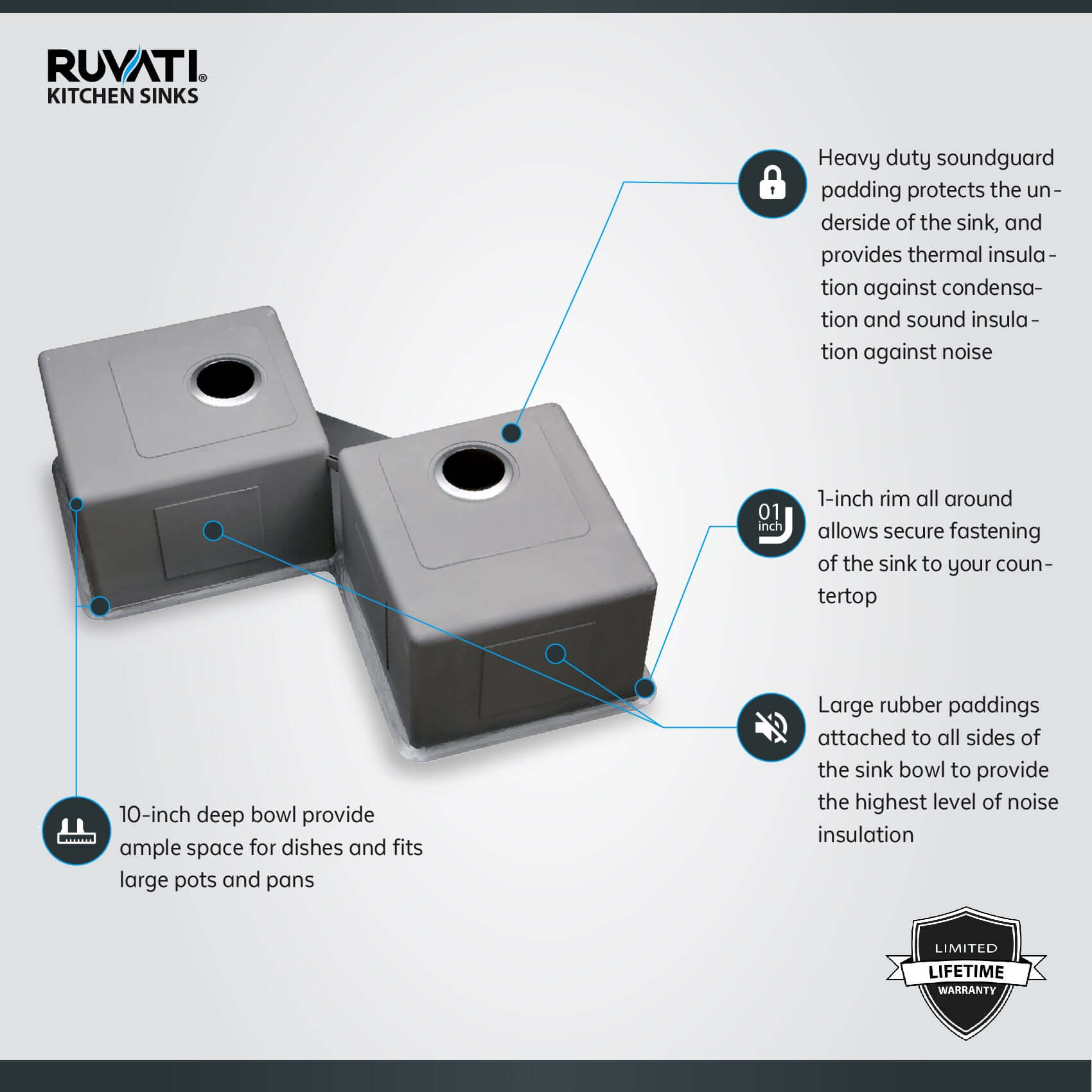 Alternate Image for Ruvati Gravena 43" Undermount Corner Stainless Steel Kitchen Sink, 50/50 Double Bowl, 16 Gauge, RVH8400