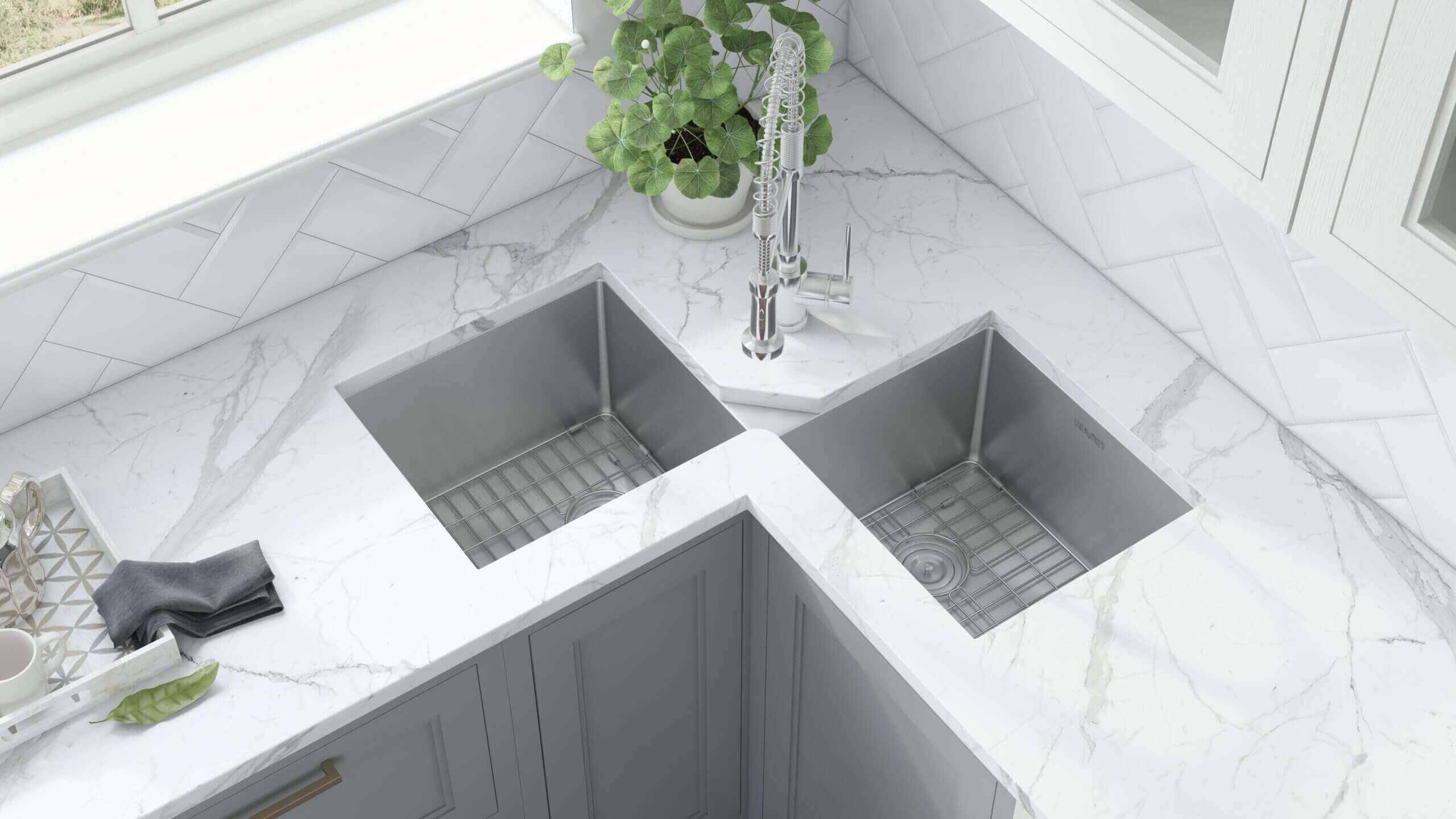 Alternate Image for Ruvati Gravena 43" Undermount Corner Stainless Steel Kitchen Sink, 50/50 Double Bowl, 16 Gauge, RVH8400