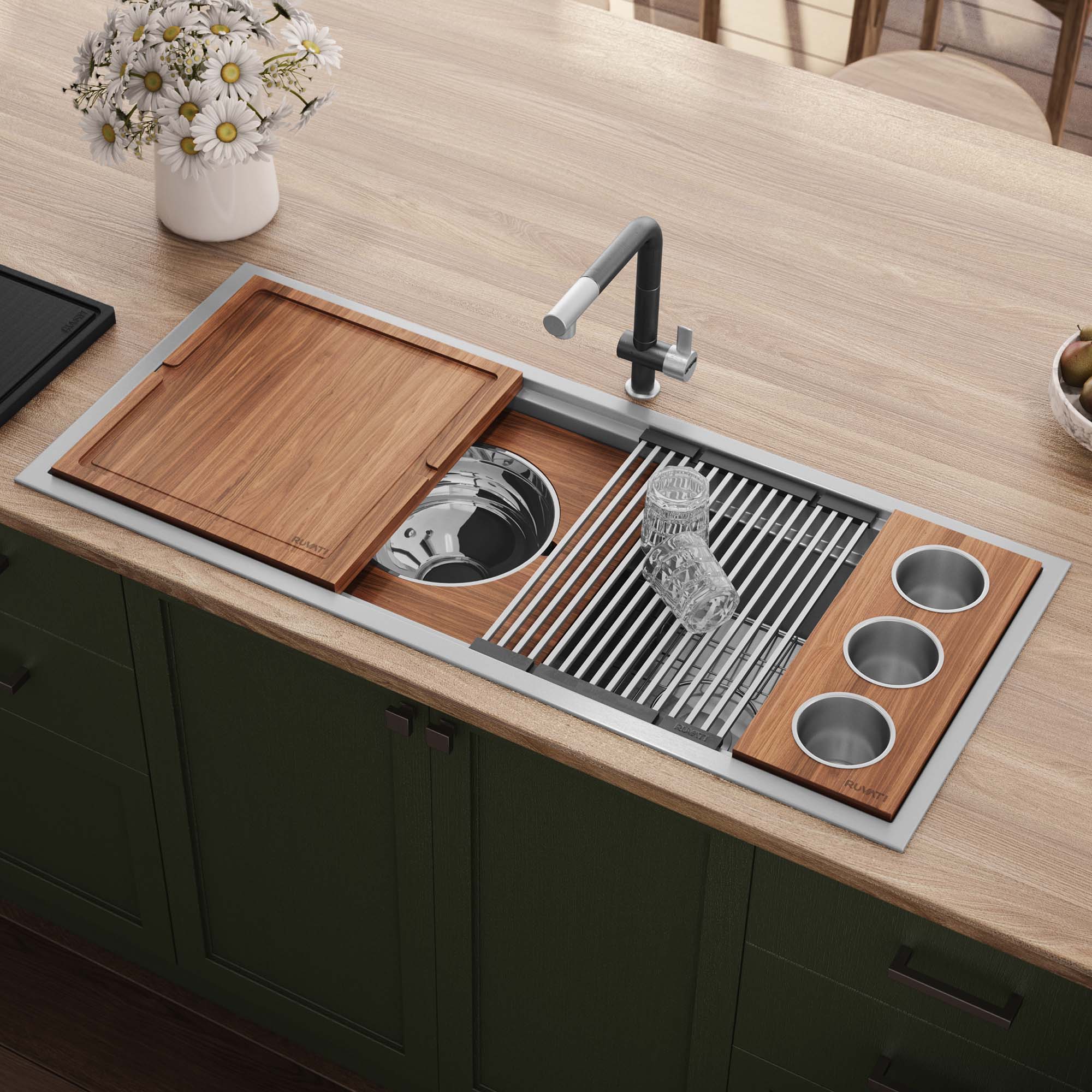 Main Image of Ruvati Dual-Tier 45" Drop-in Topmount Stainless Steel Workstation Kitchen Sink, 16 Gauge, RVH8433